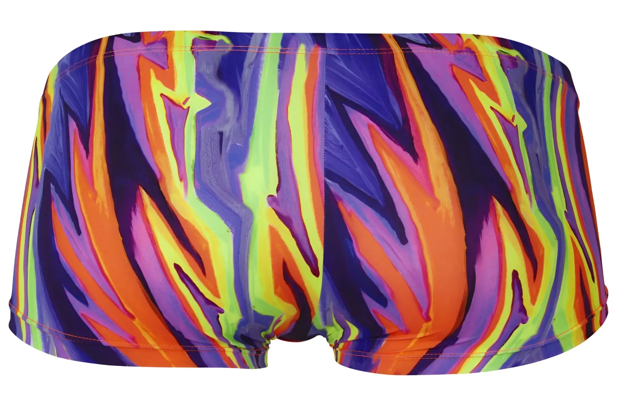 Pikante PIK 1828 abstract trunks in purple with vibrant neon flame pattern in orange green and yellow