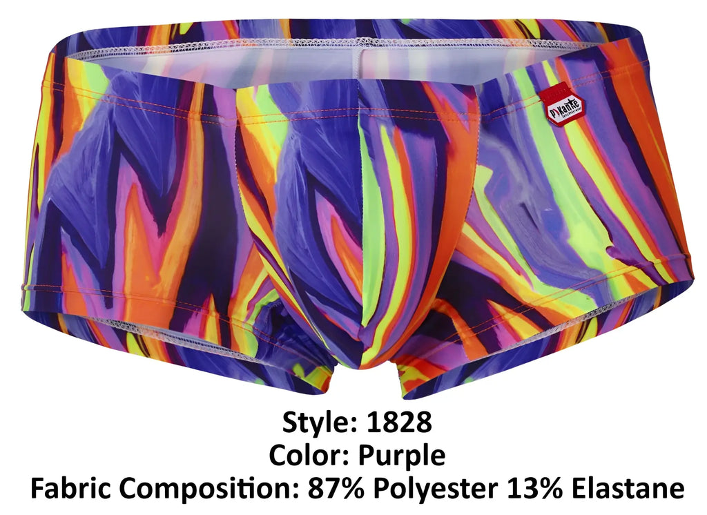 Vibrant purple pikante PIK 1828 abstract swim trunks with bold neon orange yellow and electric blue flame pattern