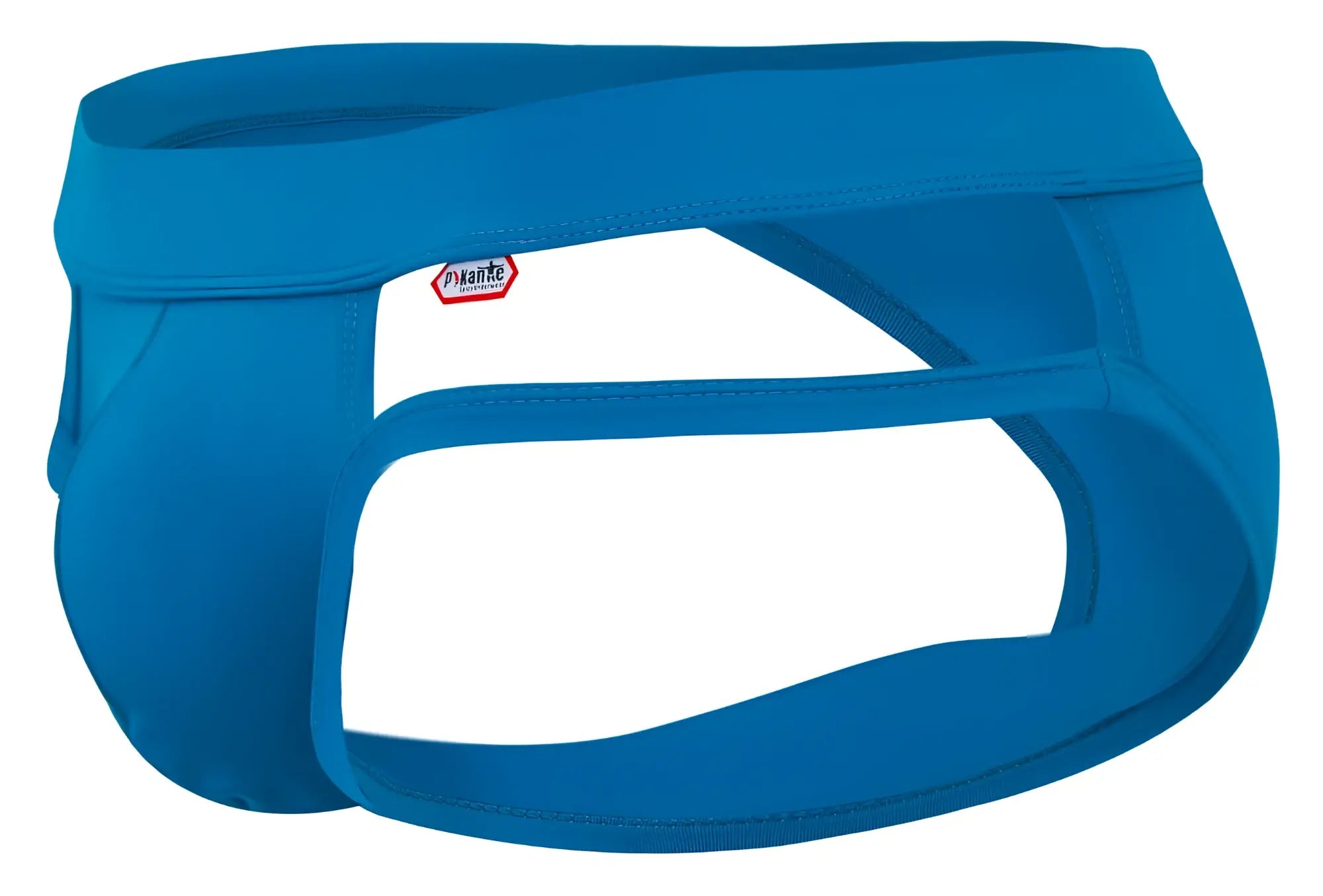 Bright blue pikante pik 2114 lenox men’s briefs with white panel and red mante logo on waistband