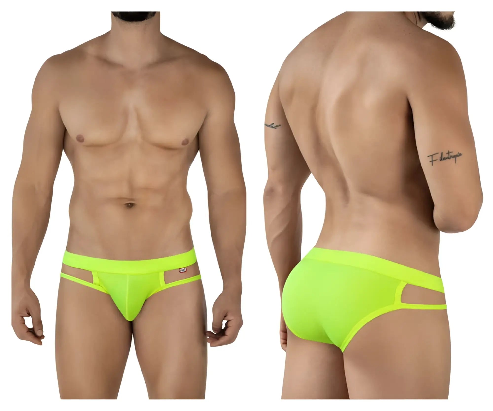Pikante PIK 2114 Lenox neon green briefs, shown in front and back views on a model.