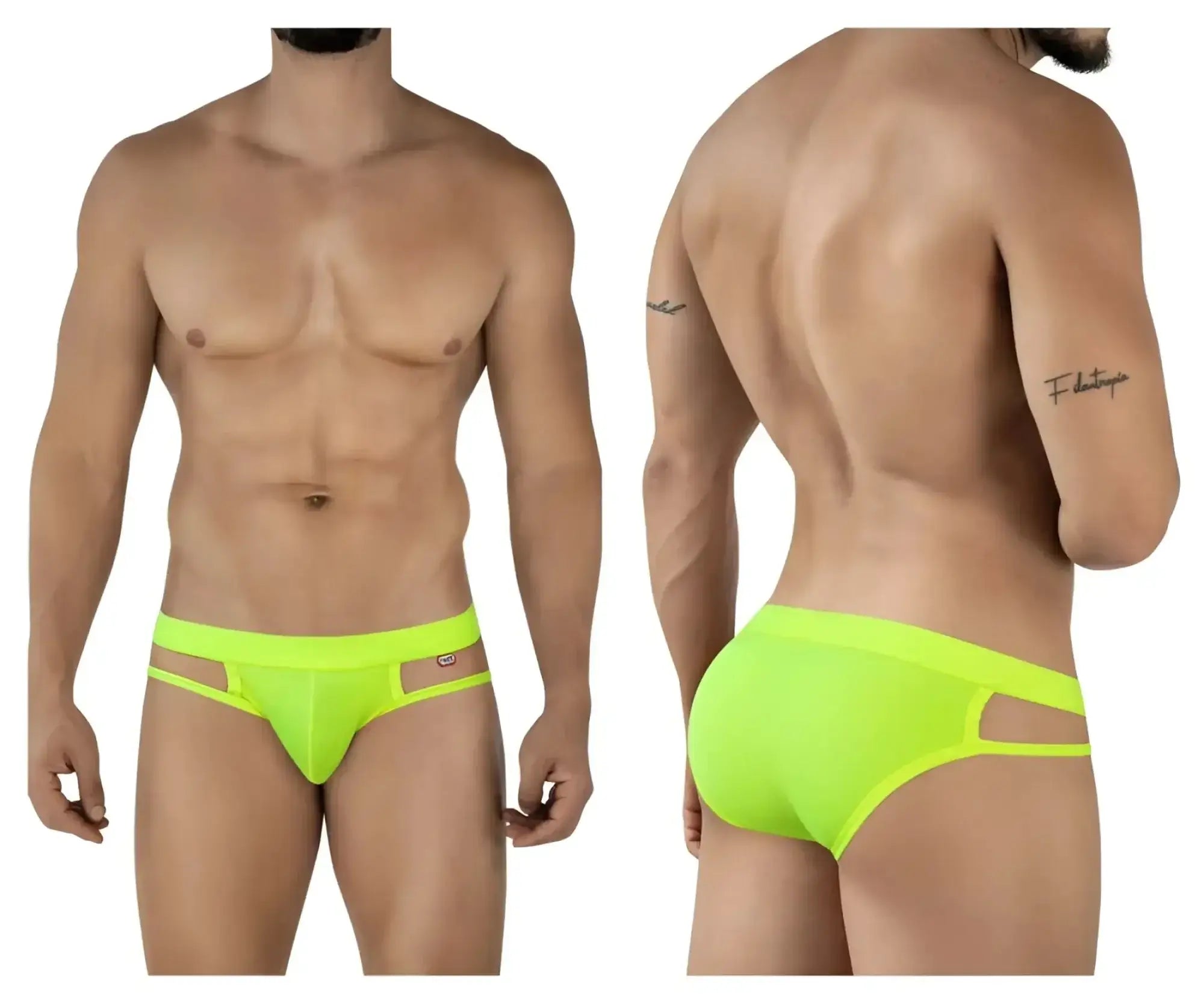 Pikante PIK 2114 Lenox neon green briefs, shown in front and back views on a model.