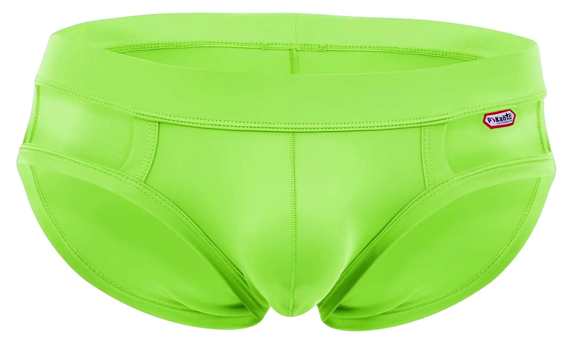 Bright lime green pikante PIK 2114 Lenox briefs with snug fit elastic waistband and red white brand tag on the side