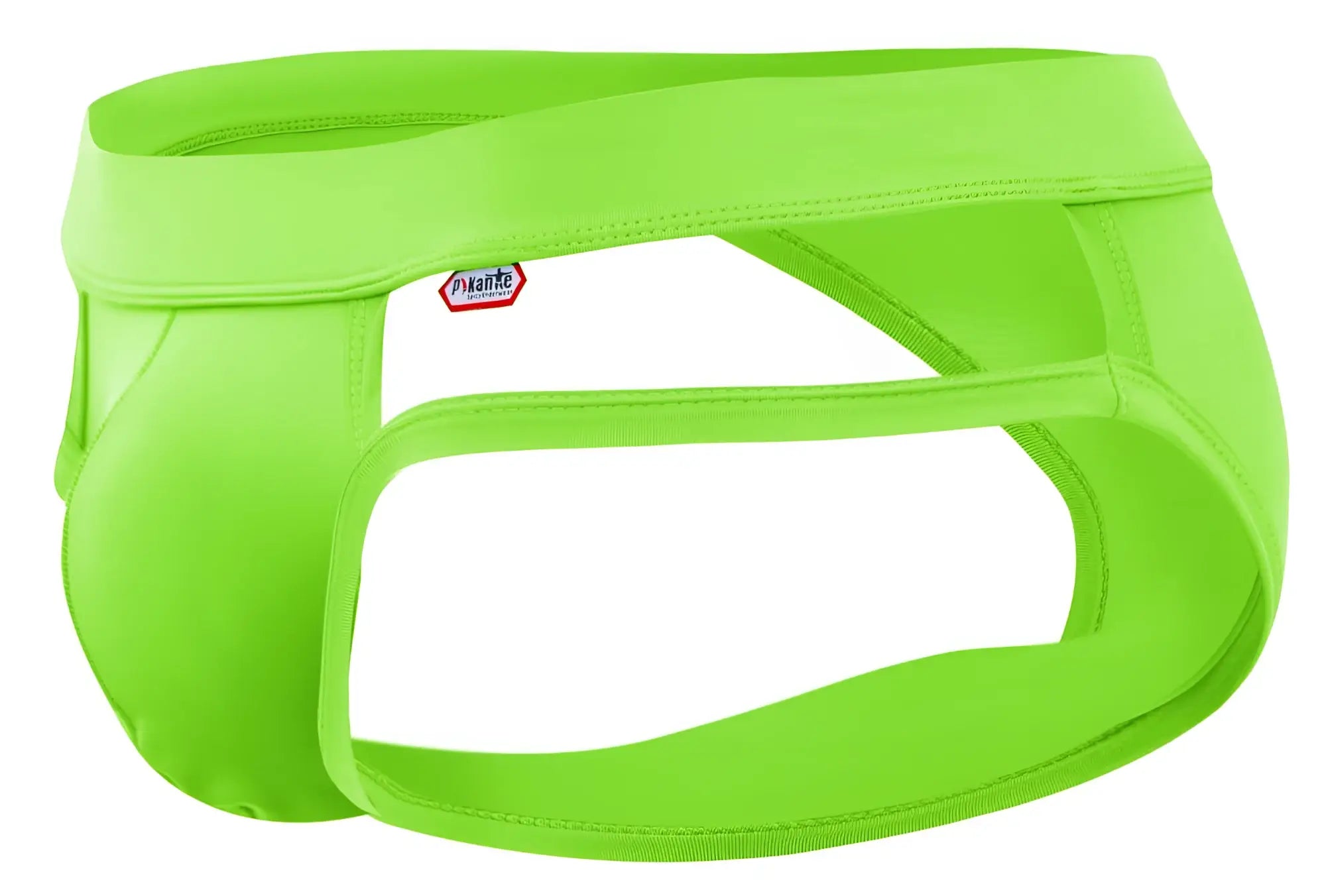 Bright neon green pikante pik 2114 lenox brief men’s sleek form-fitting briefs with visible brand tag