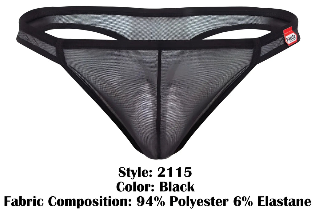 Black mesh thong with solid black elastic waistband and trim from Pikante PIK 2115 Amusing thongs in black color