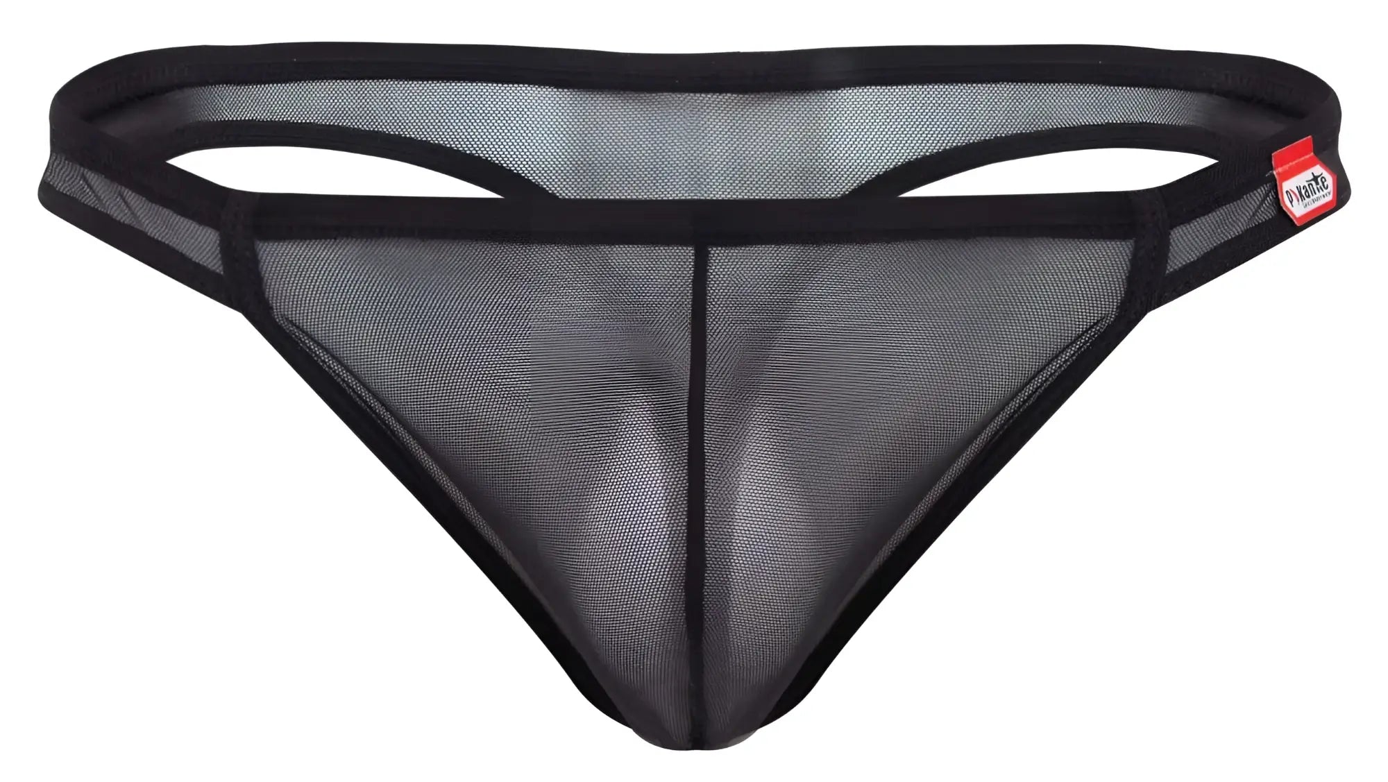 Front view of Pikante PIK 2115 Amusing thong in black, made of sheer mesh fabric.