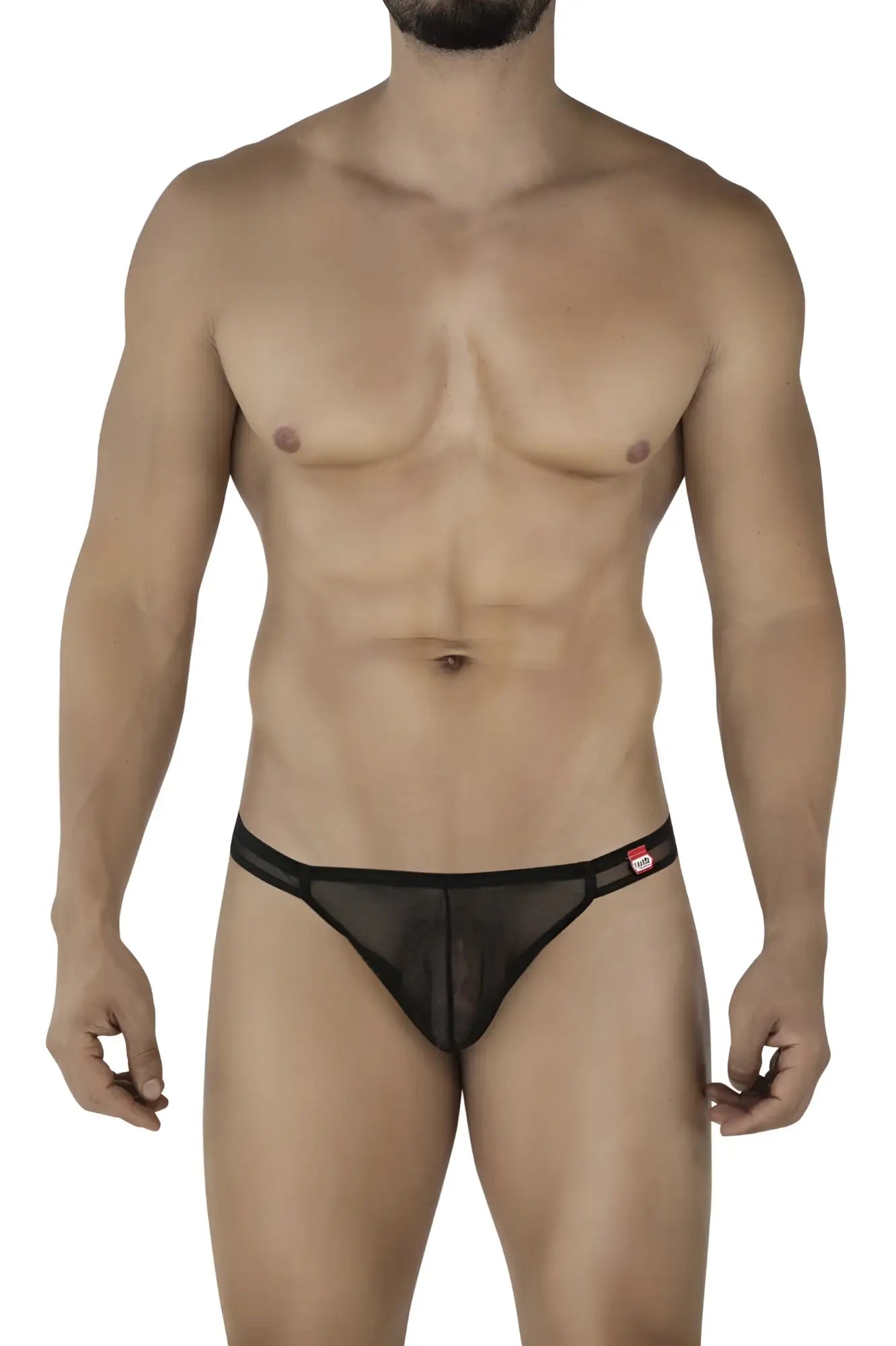 Front view of a model wearing black Pikante PIK 2115 Amusing thong underwear.