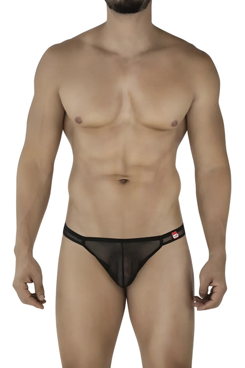 Black sheer mesh briefs with solid waistband and red logo tag from Pikante PIK 2115 Amusing Thongs in black