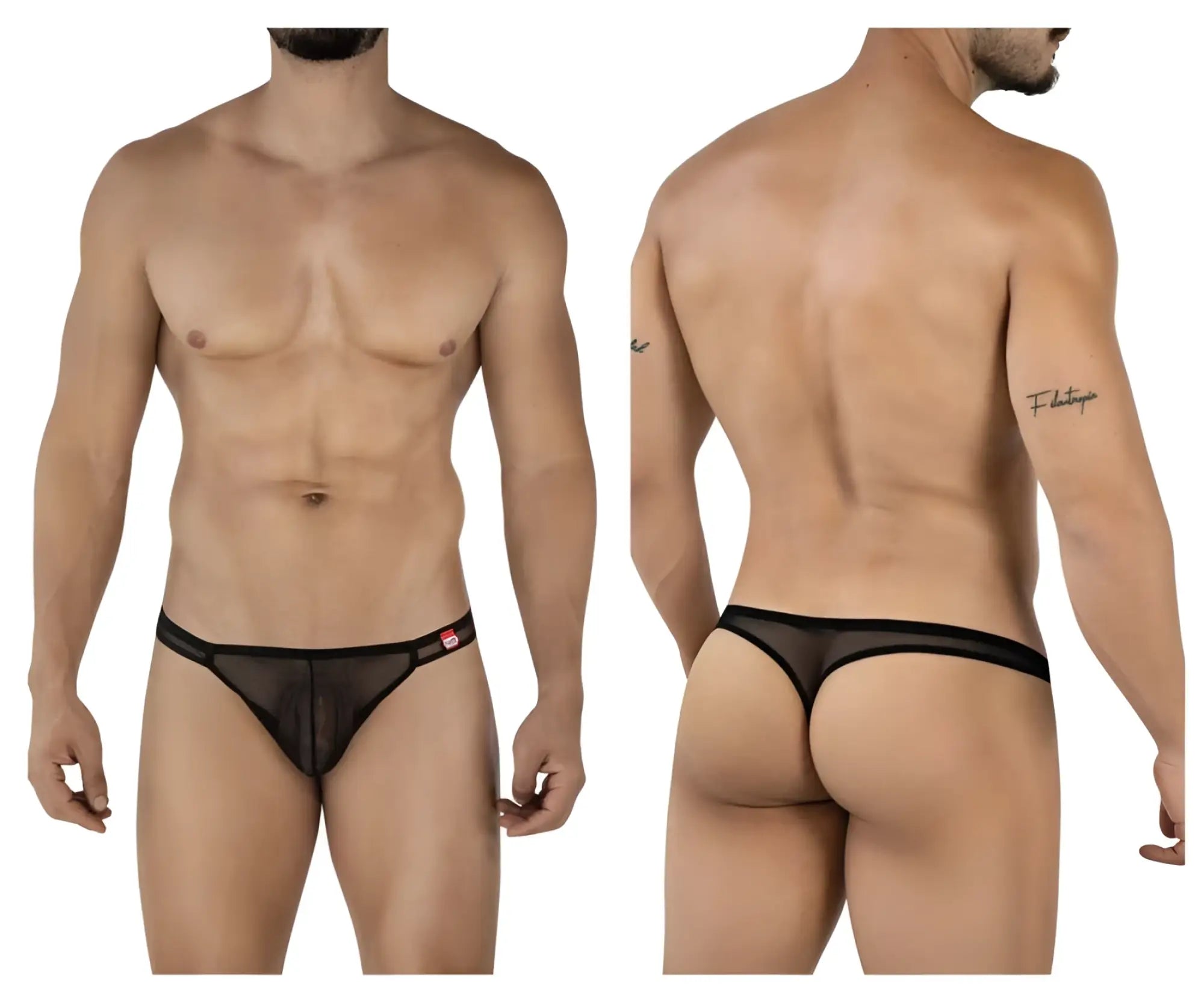 Pikante PIK 2115 Amusing Thongs in black, shown from front and back views on a male model.