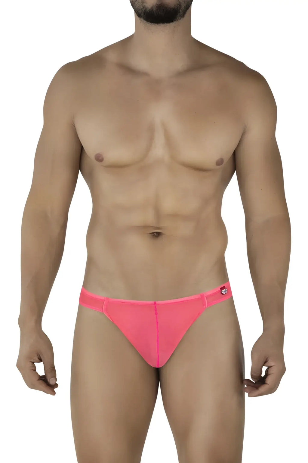 Bright pink form-fitting swim trunks with a sleek modern design and small logo on waistband pikante pik 2115 amusing thongs