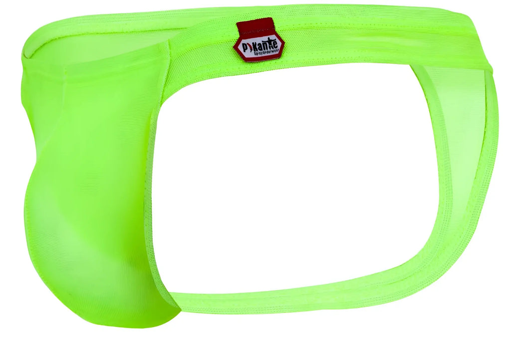 Bright neon green mesh briefs with red and white pykante tag on waistband from pikante pik 2115 amusing thongs collection