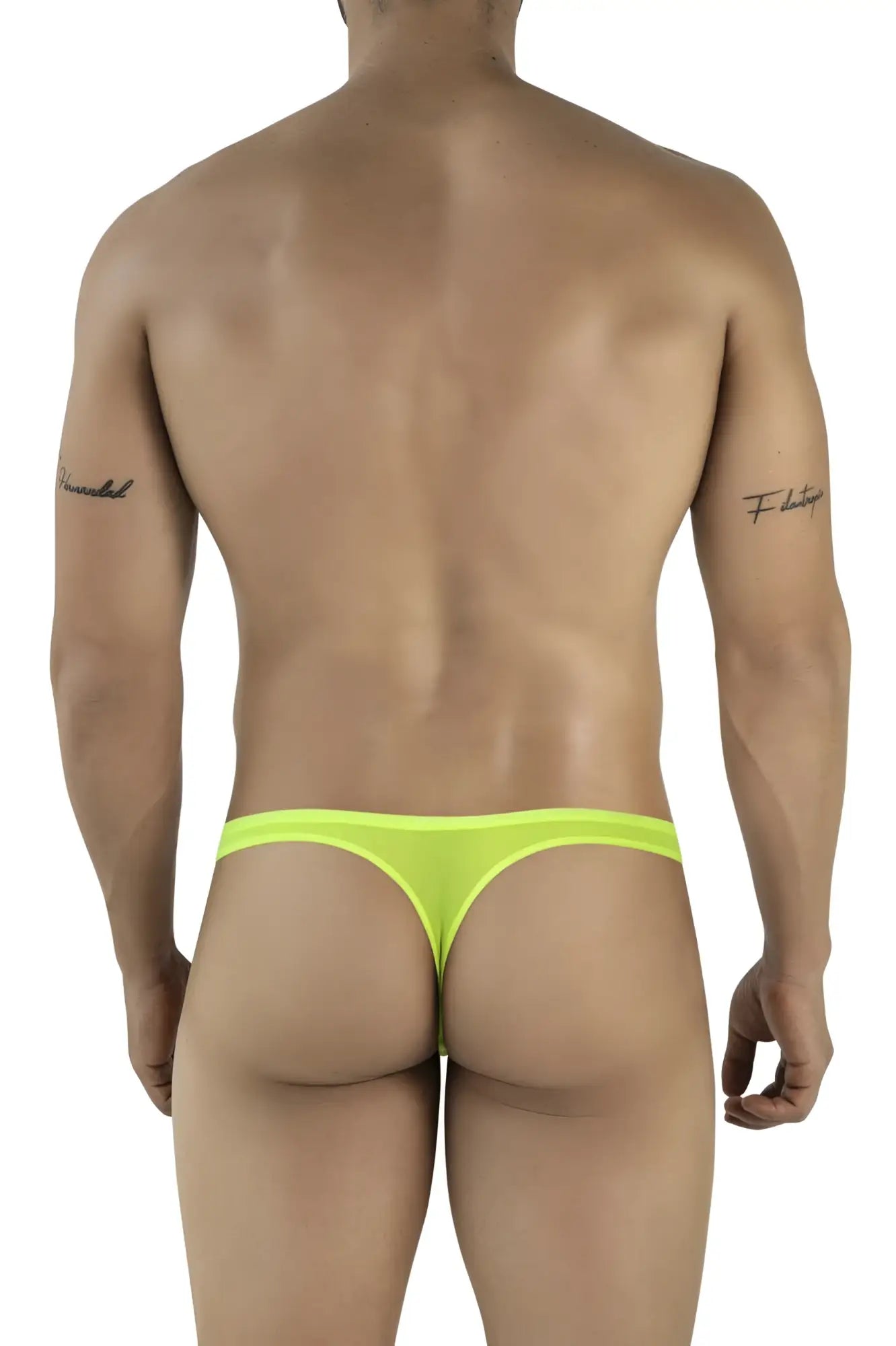 Bright neon green stretchy sheer thong from Pikante PIK 2115 amusing thongs collection shown from the back side