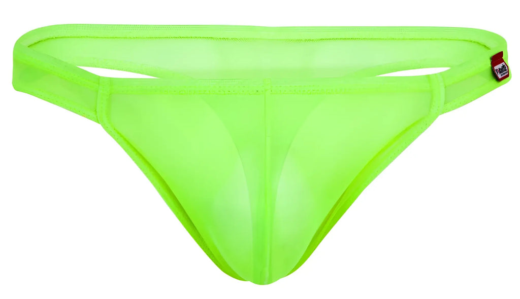 Neon green sheer mesh thong with red and white pikante brand tag on waistband from pikante p 2115 amusing thongs