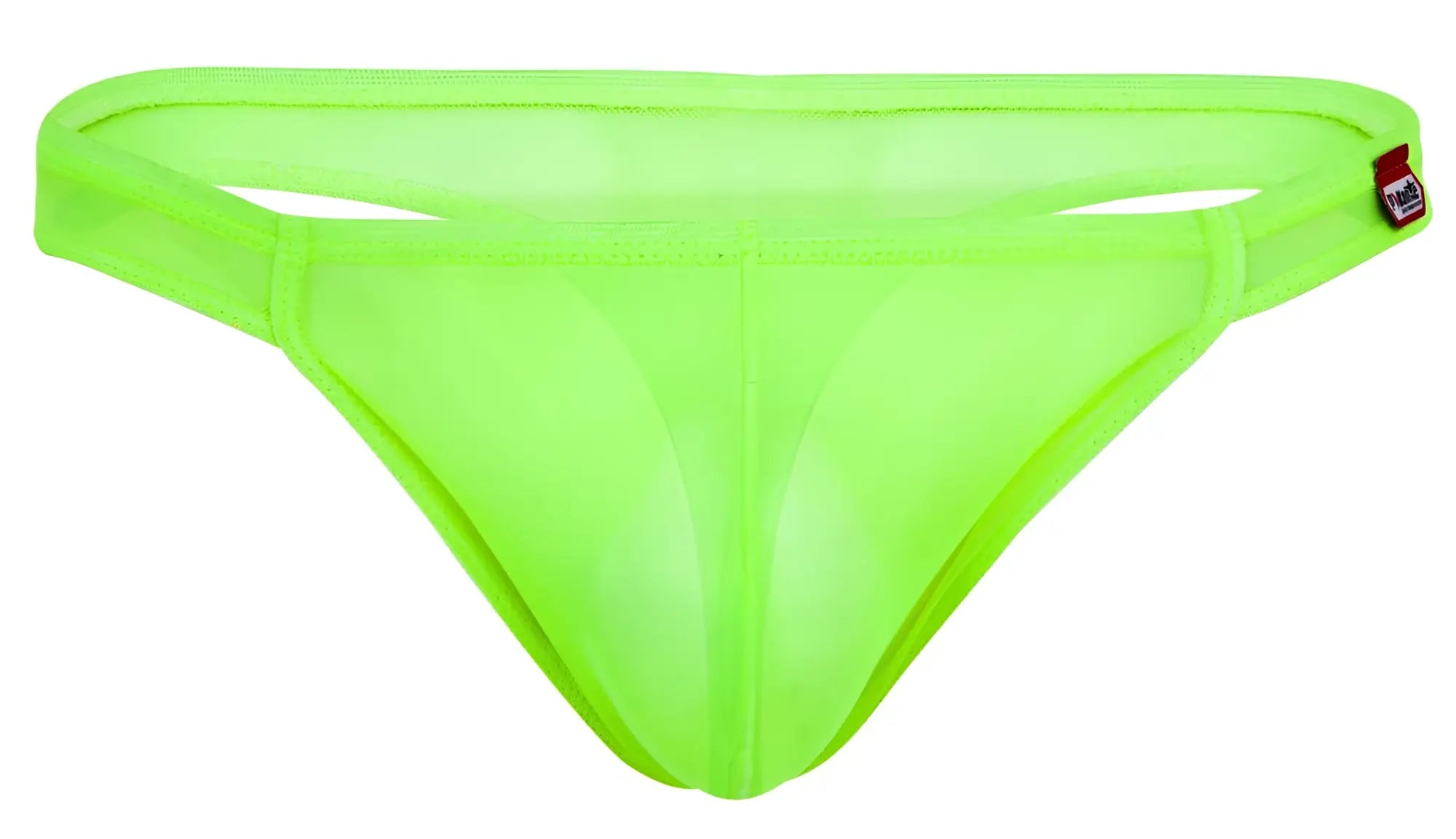 Neon green sheer mesh thong with red and white pikante brand tag on waistband from pikante p 2115 amusing thongs