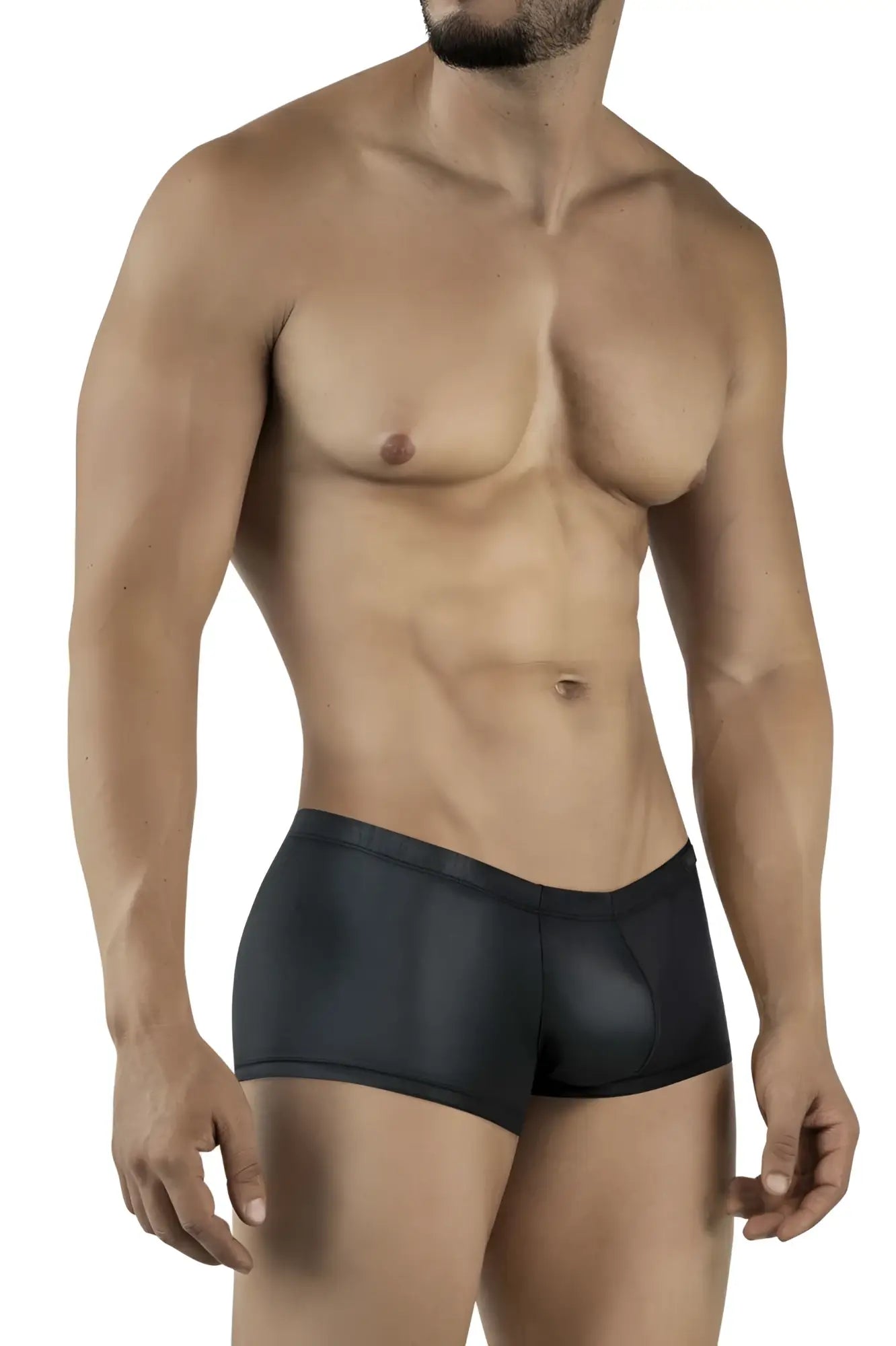 Black form-fitting men’s briefs pikante pik 2116 candy trunks with smooth glossy finish front view