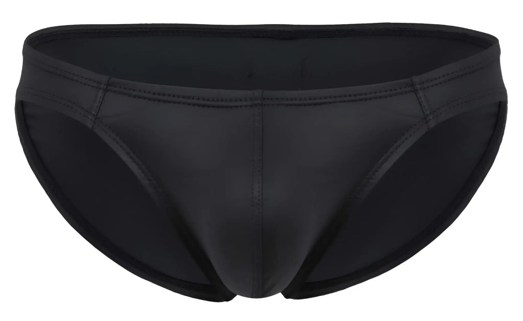 Black sleek pikante pik 2117 candy briefs swim trunks with glossy finish and reinforced stitching along seams