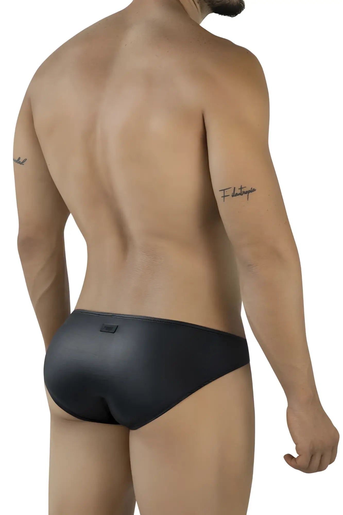 Pikante pik 2117 candy briefs black sleek form-fitting swim trunks with subtle sheen front view