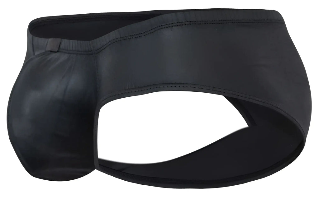 Black faux leather pikante pik 2118 candy briefs with smooth glossy finish and reinforced waistband stitching