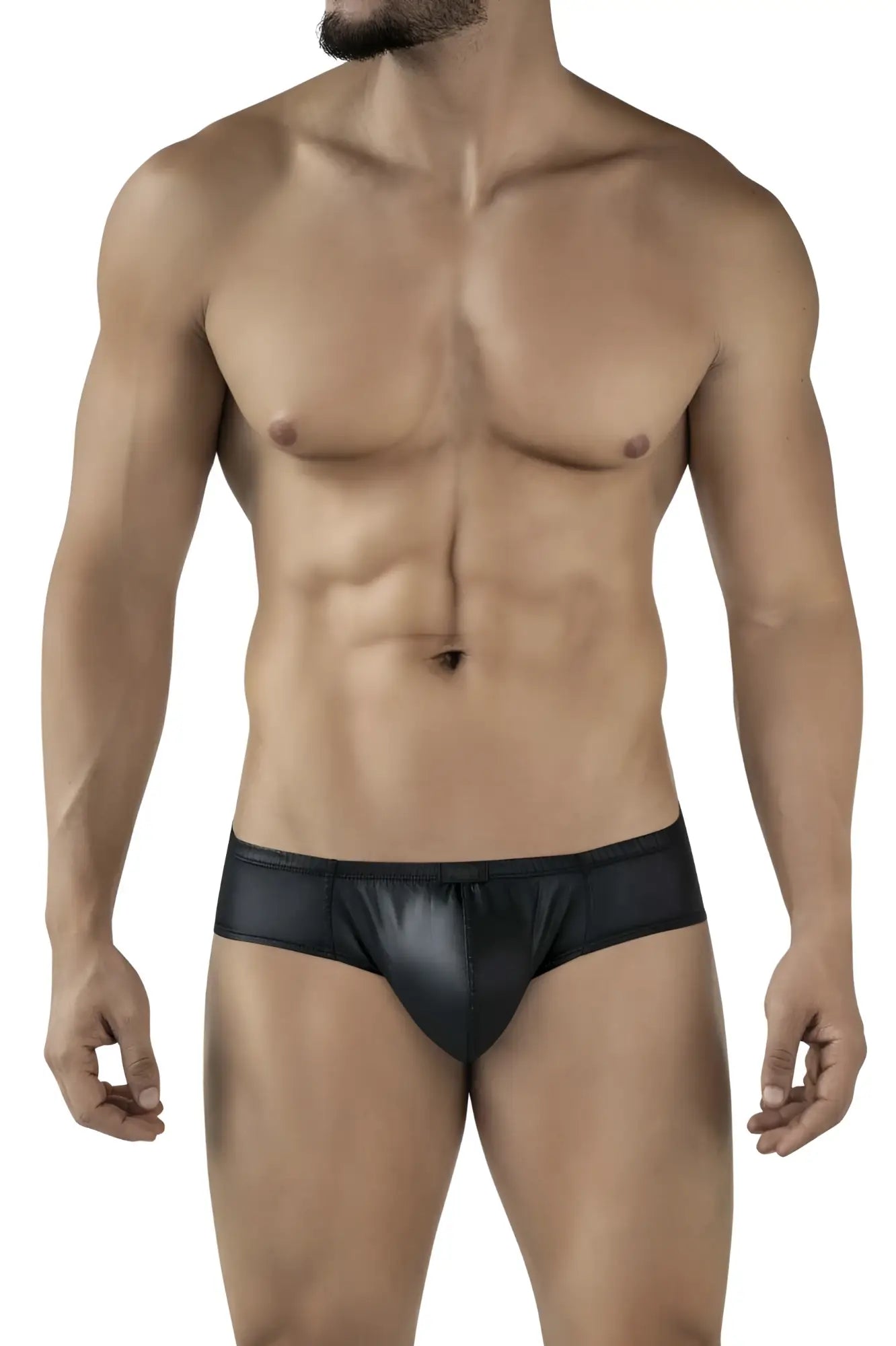 Black shiny form-fitting mens briefs with a sleek glossy finish from Pikante PIK 2118 Candy Briefs collection