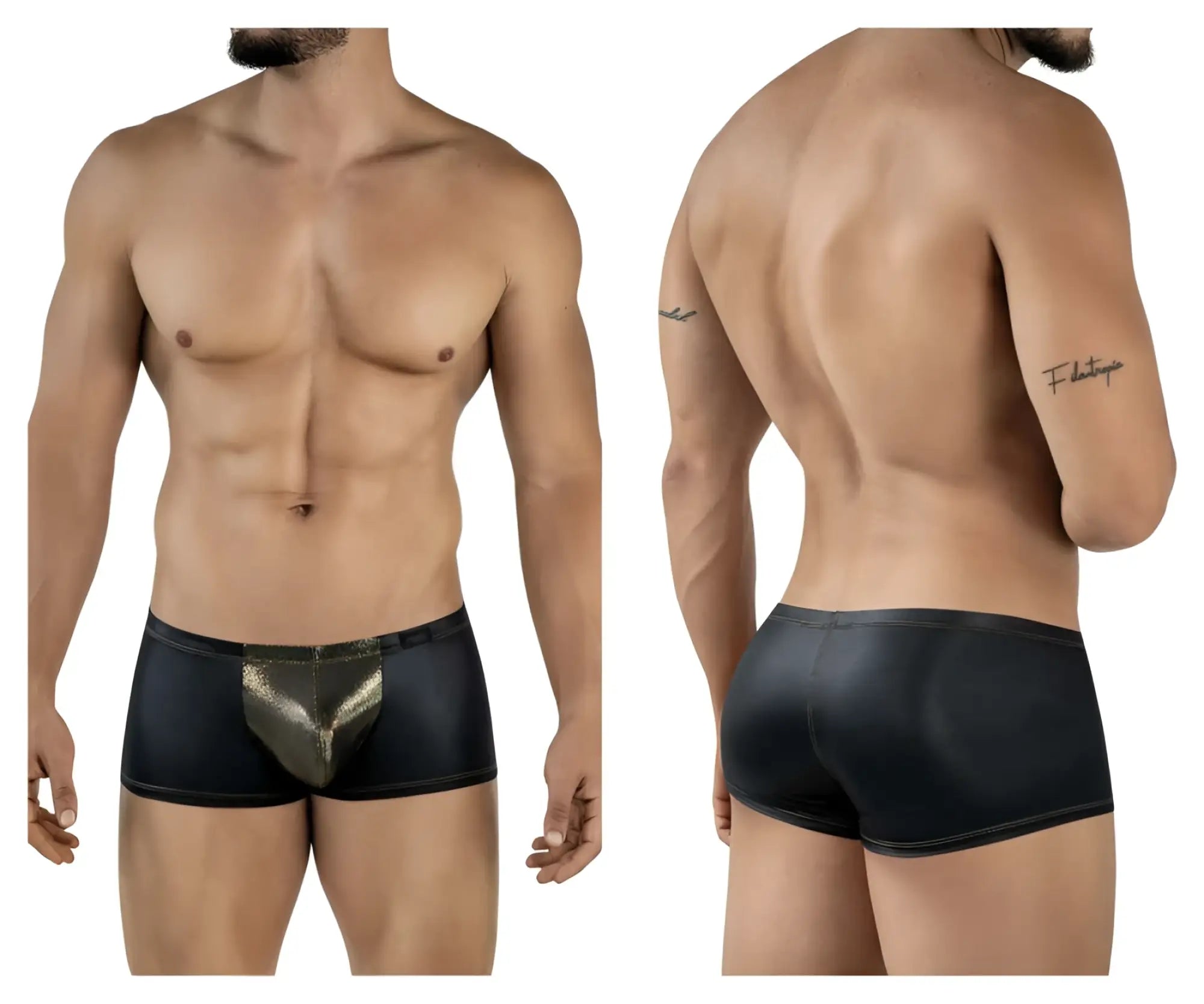 Pikante pik 2120 gold cup trunks black leather-like briefs with shiny gold metallic front panel