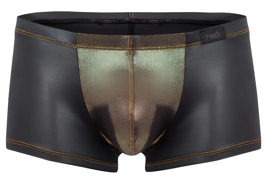 Pikante pik 2120 gold cup trunks black men’s briefs with metallic gold shimmer faux leather texture and contrast stitching
