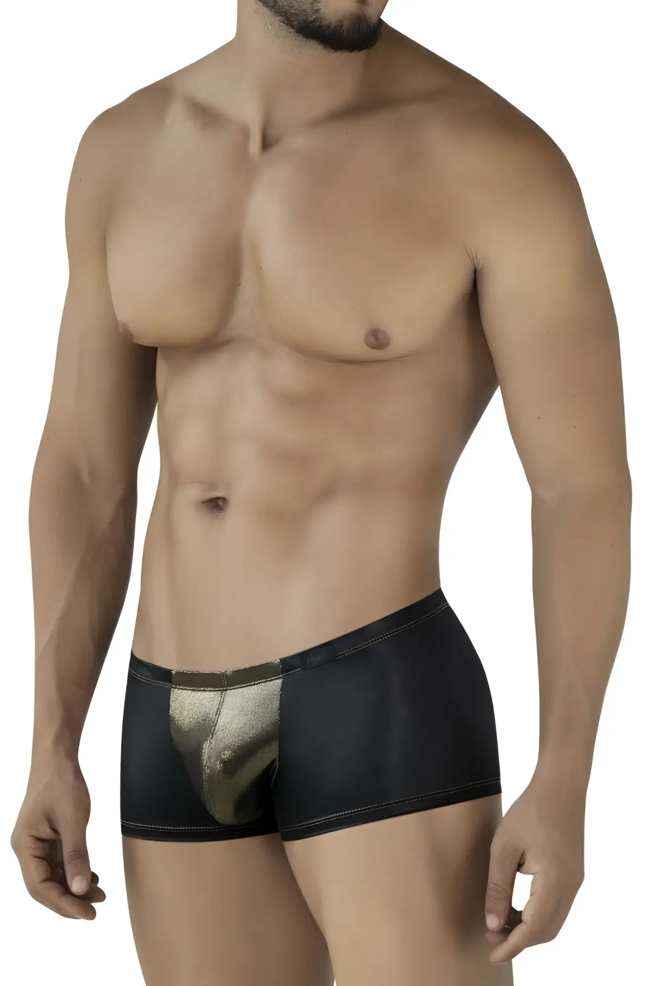 Pikanate pik 2120 gold cup trunks black metallic briefs with sleek modern design and gold accents