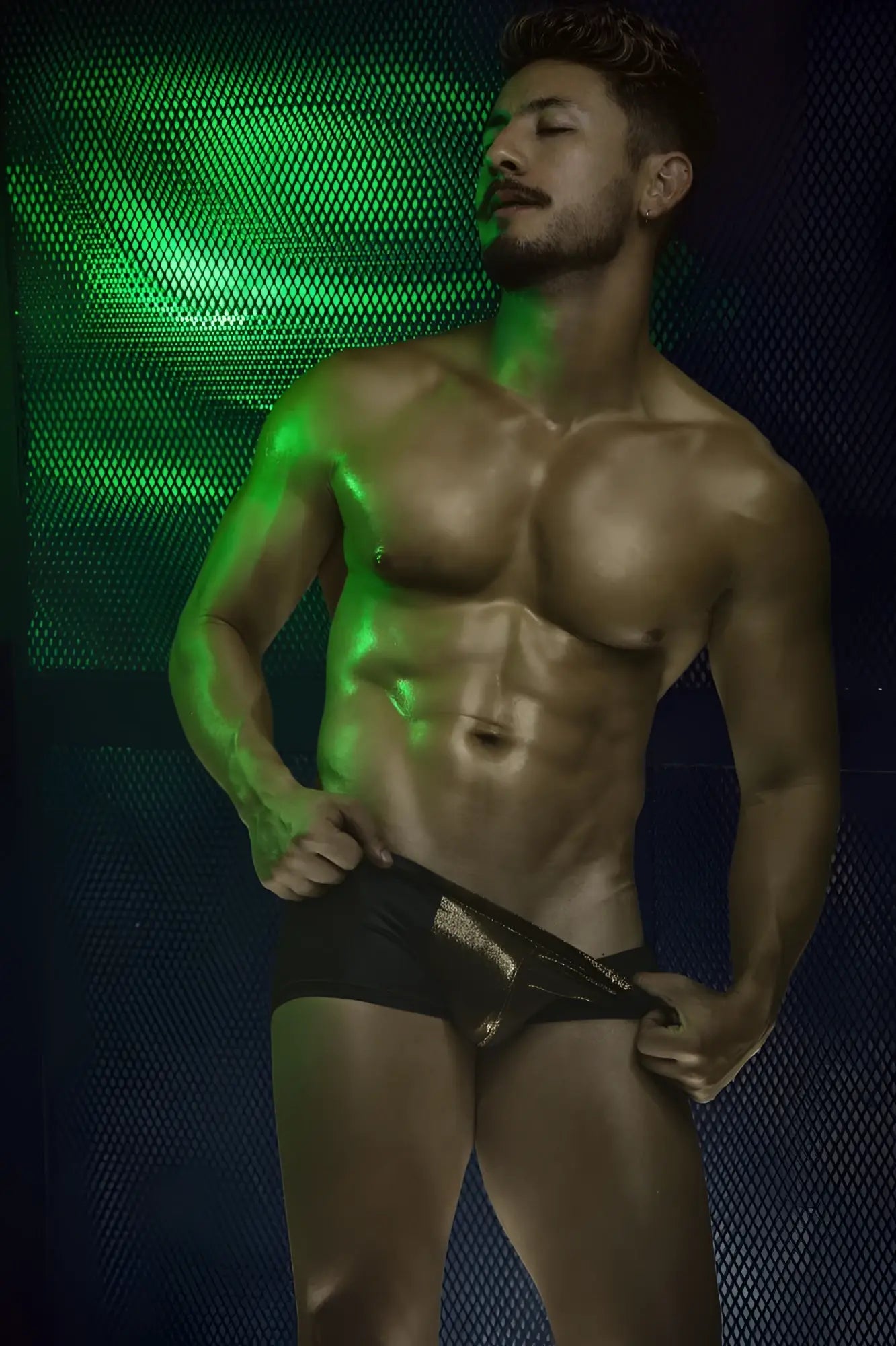 Black Pikante PIK 2120 Gold Cup trunks with metallic gold trim along the side seam in a briefs style