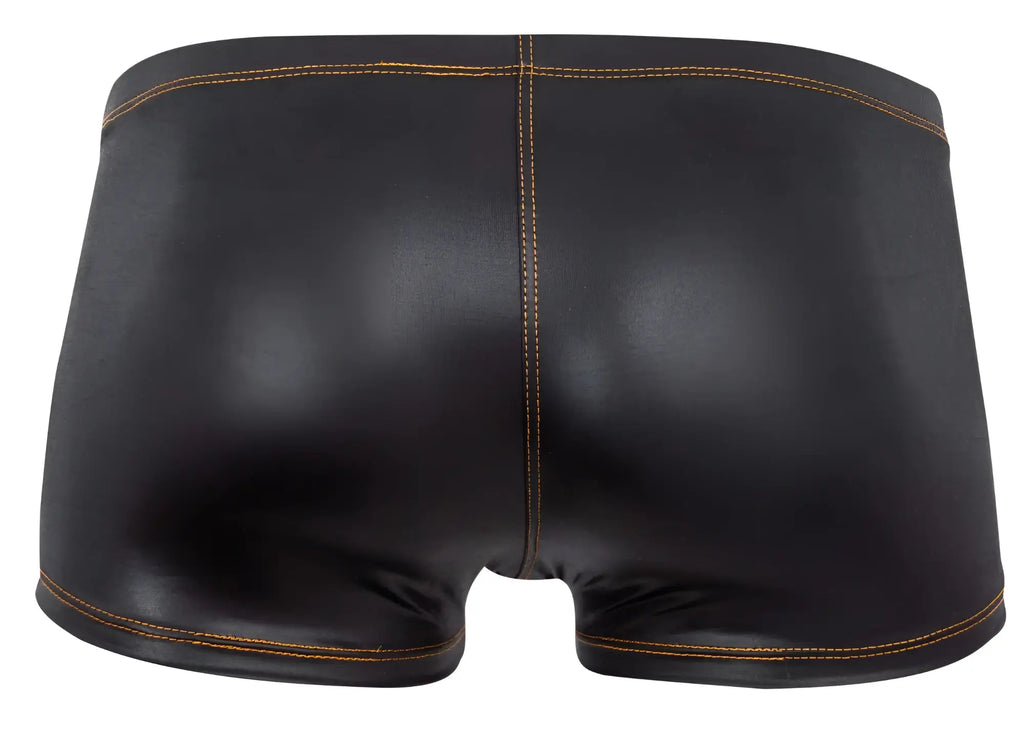 Black shiny faux leather pikante PIK 2120 gold cup trunks briefs with contrasting tan stitching along the seams