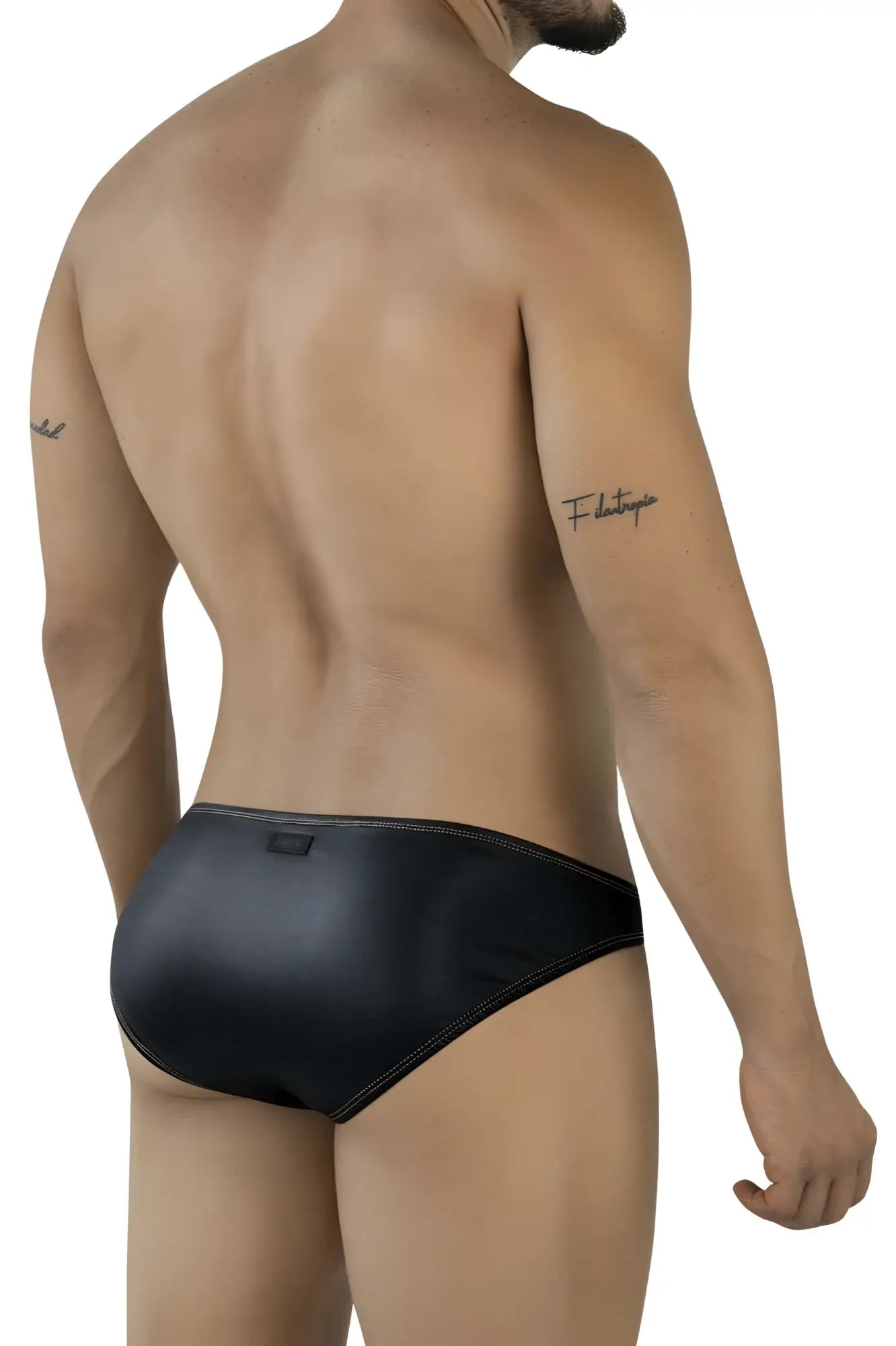 Black leather briefs with contrasting stitching pikante PIK 2121 gold cup briefs in black showing front side details