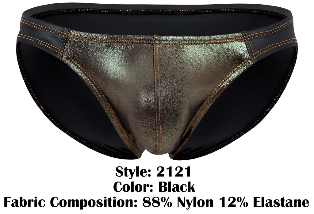 Black metallic gold bikini bottom with shiny reflective surface and black elastic trim from Pikante PIK 2121 Gold Cup Briefs