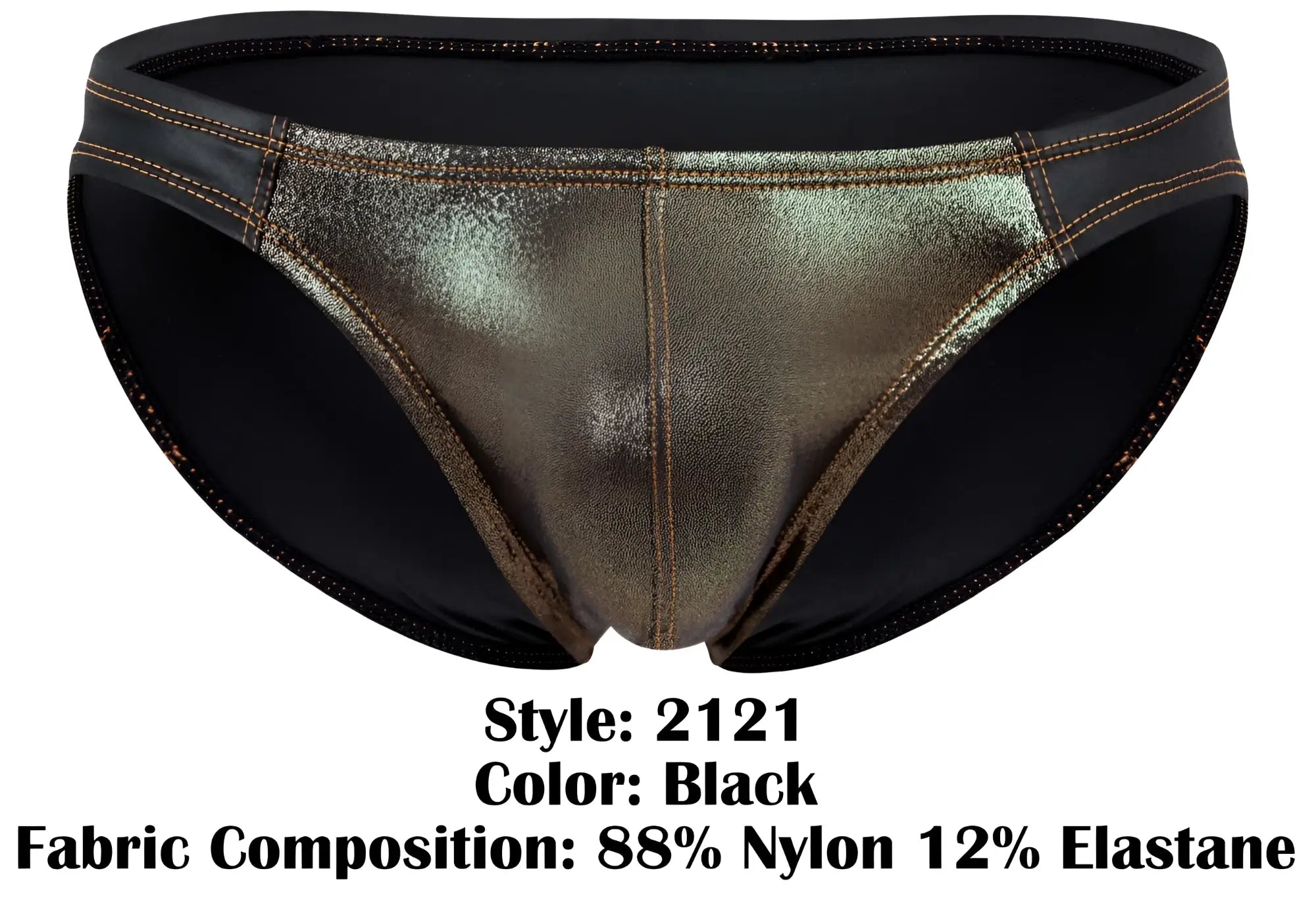 Black metallic gold bikini bottom with shiny reflective surface and black elastic trim from Pikante PIK 2121 Gold Cup Briefs