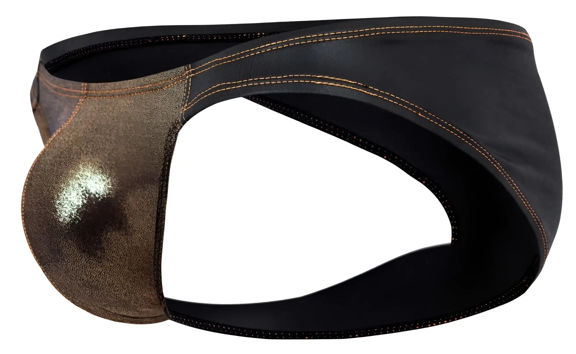 Pikante pik 2121 gold cup briefs black leather thong with metallic bronze and contrasting stitching