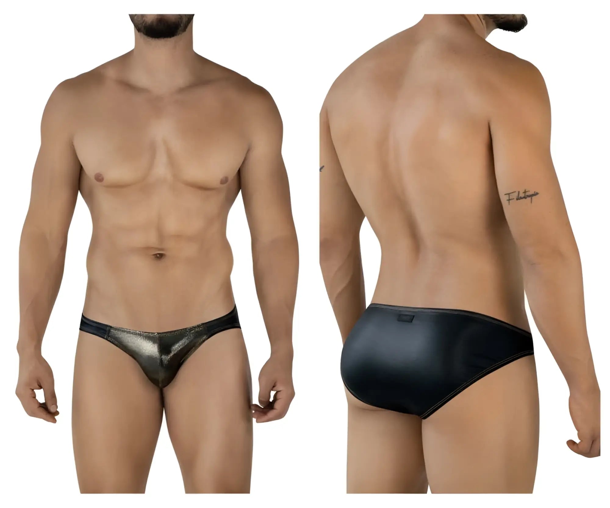 Pikante pik 2121 gold cup briefs in black with metallic gold accents and a sleek shiny finish