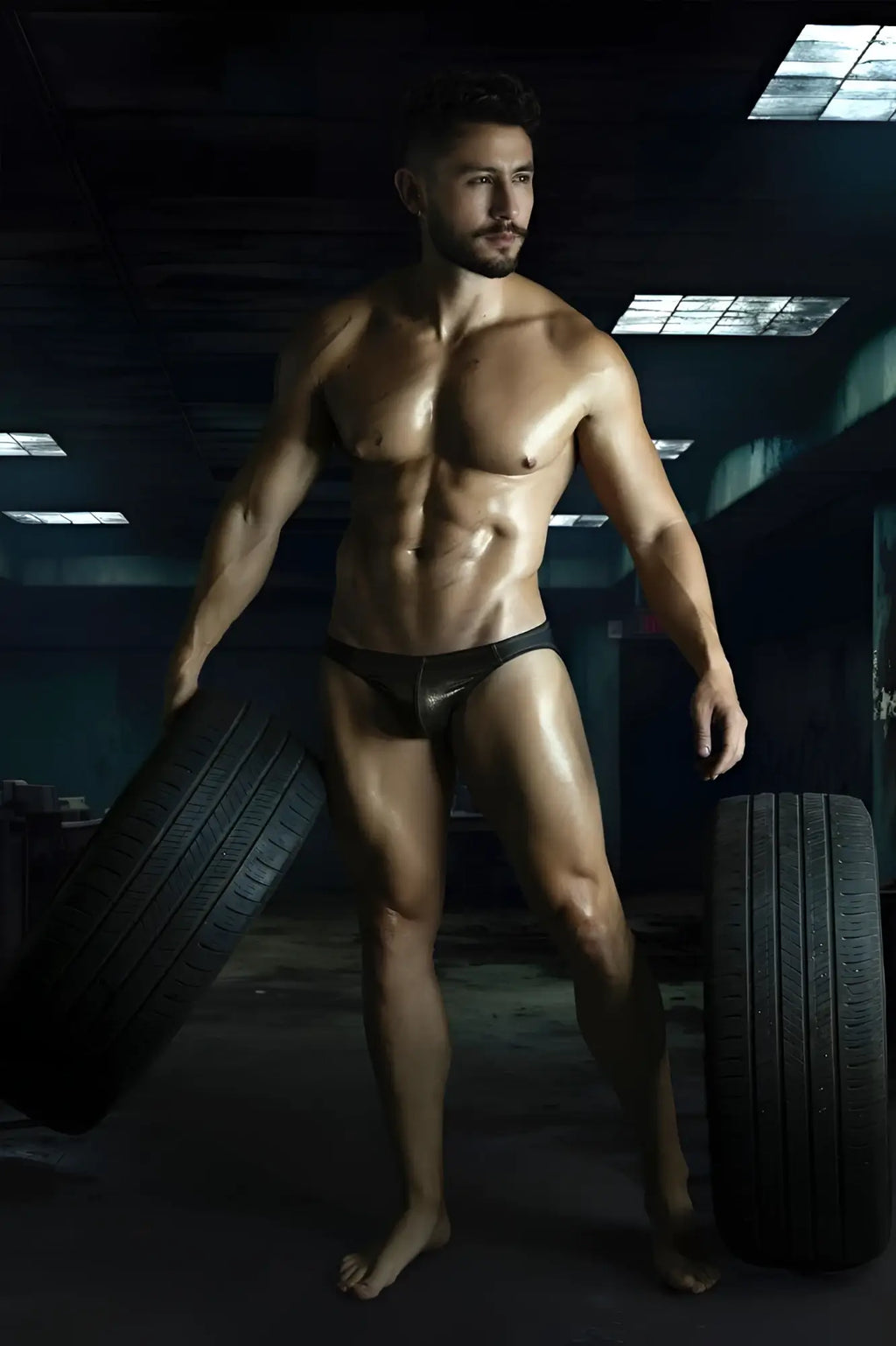 A muscular man stands barefoot in black shiny form-fitting Pikante PIK 2121 Gold Cup briefs between tires