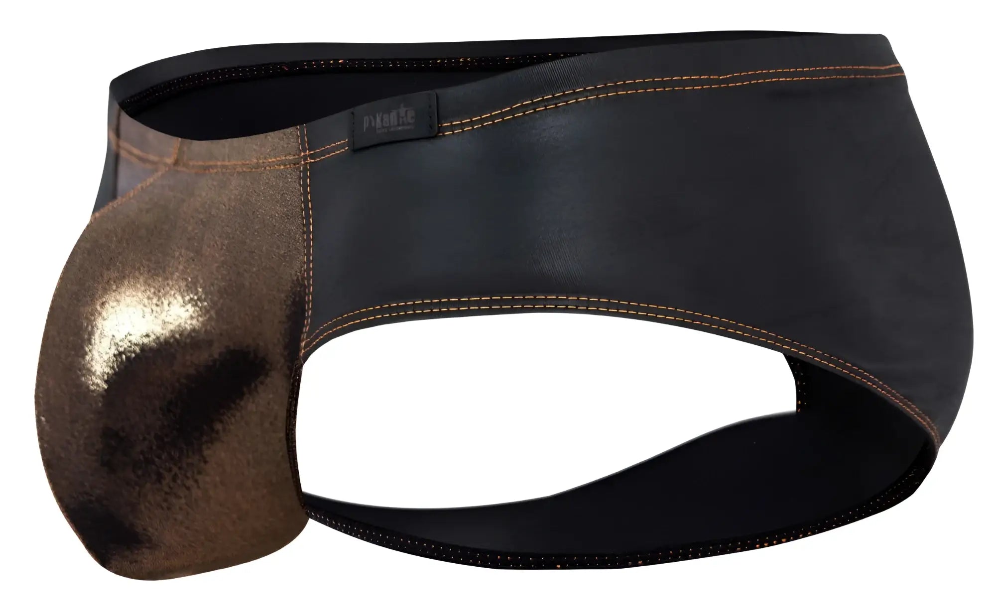 Pikante PIK 2122 Gold Cup briefs in black leather with metallic bronze accents and contrasting stitching