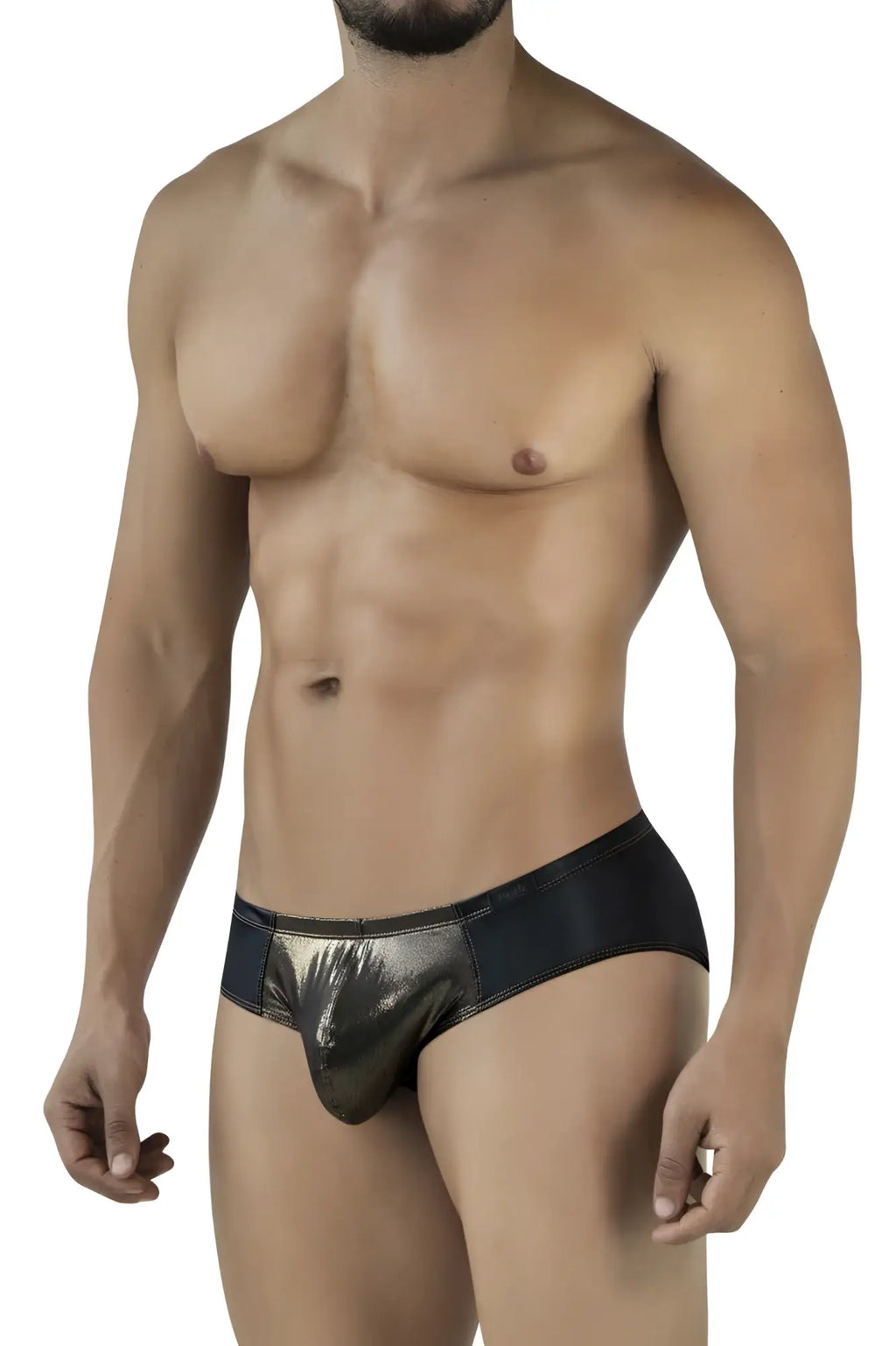 Black and metallic gold Pikante PIK 2122 gold cup briefs with a shiny reflective finish in front view