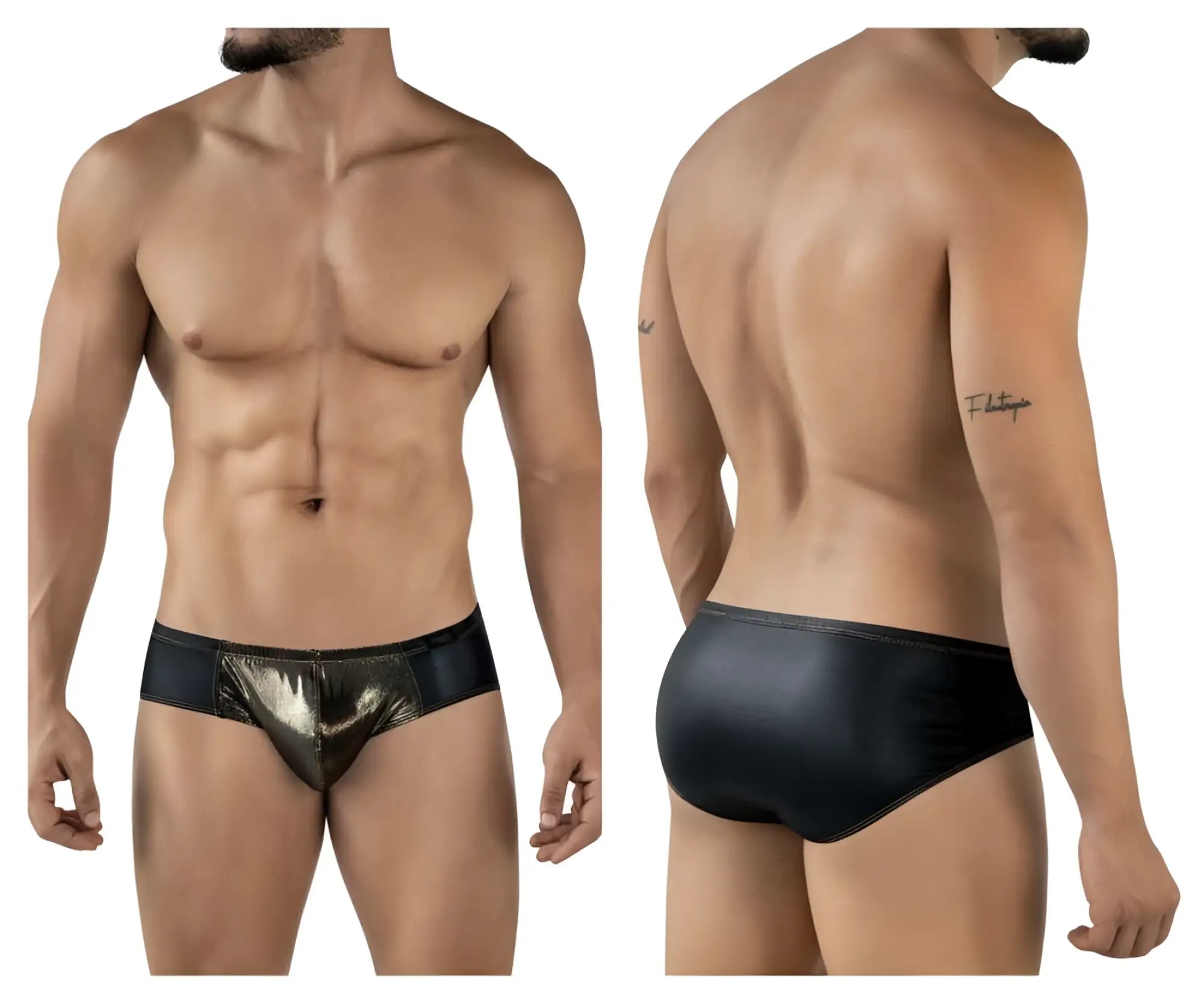Pikante pik 2122 gold cup briefs in black featuring metallic gold shiny reflective front panel swim trunks design