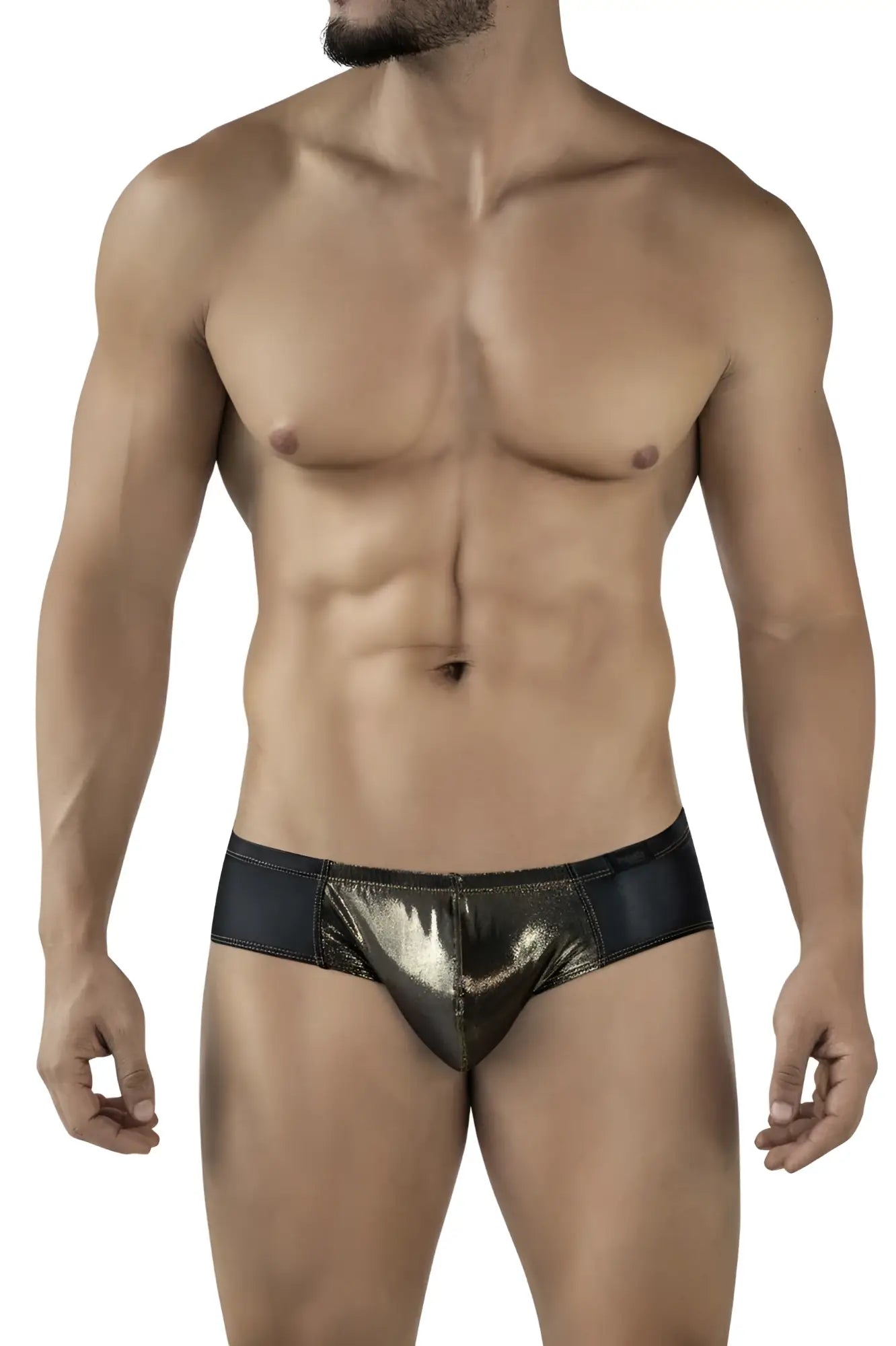 Shiny metallic gold and black Pikante PIK 2122 gold cup briefs with a sleek modern design in front view