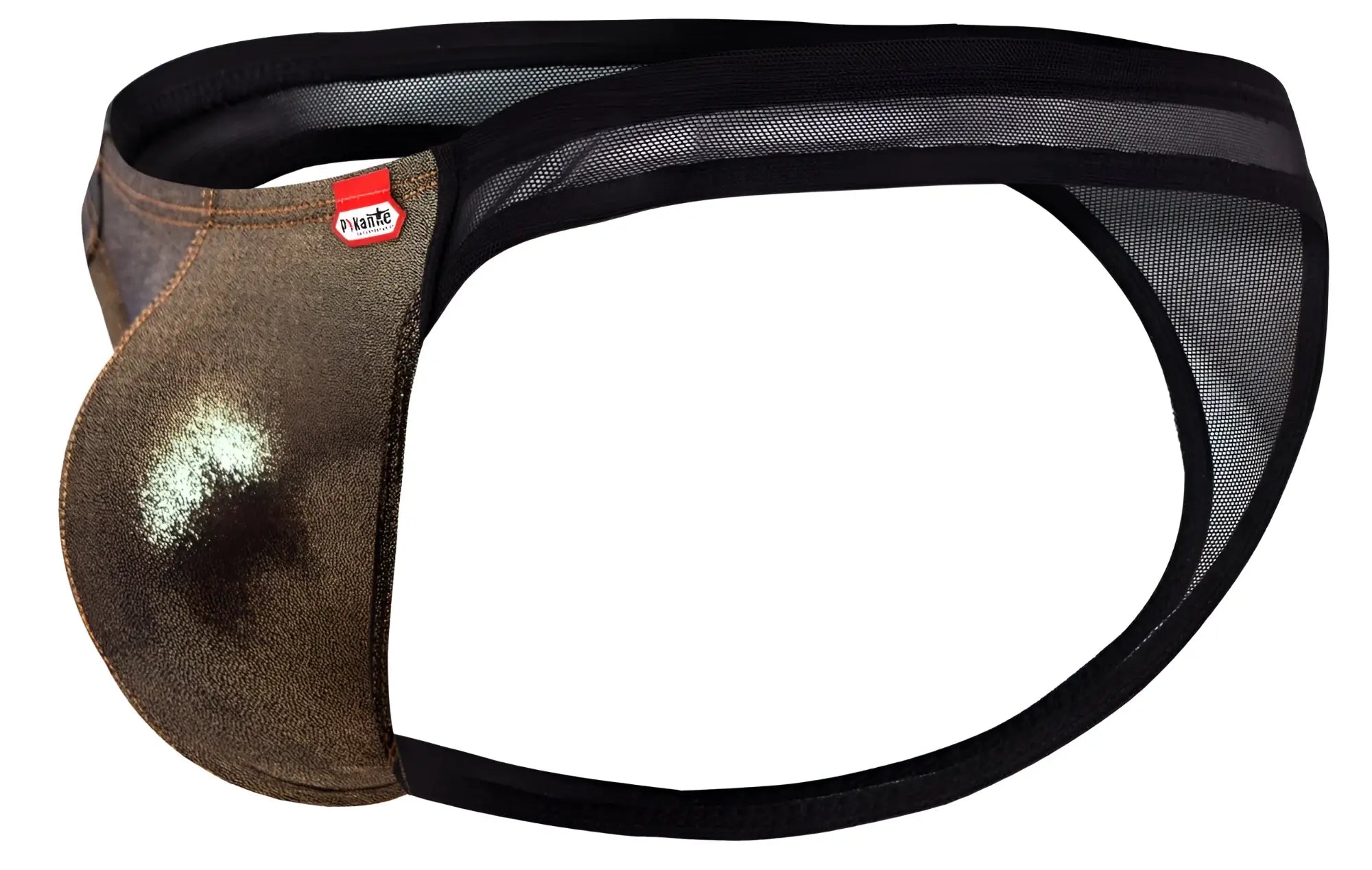 Bronze metallic mesh thong with black elastic waistband and pikante brand tag in pik 2123 gold cup thongs black