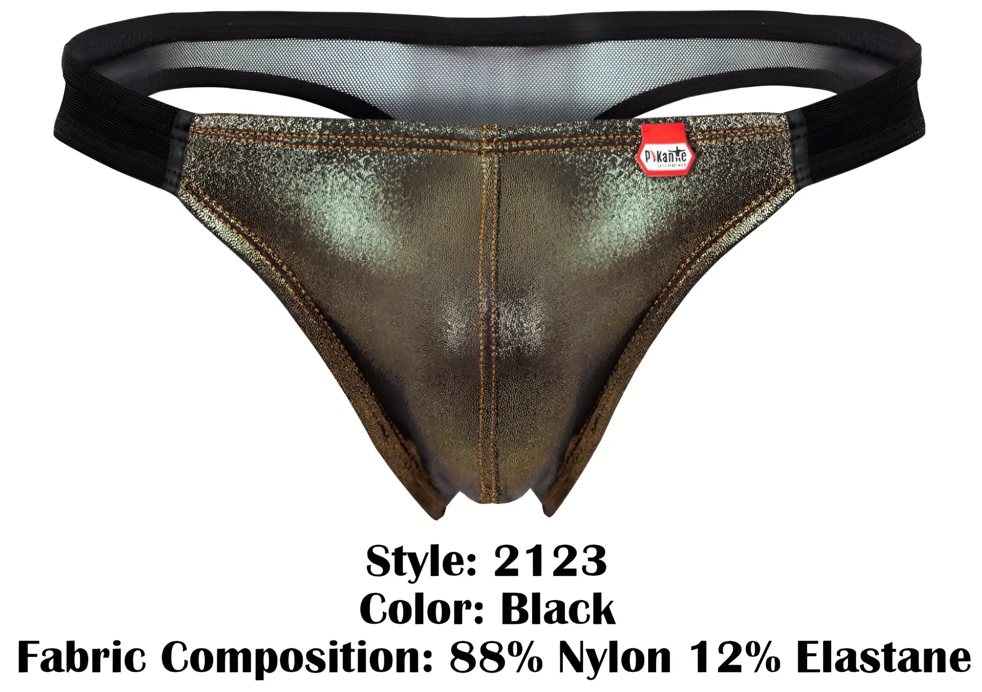 Black metallic-finish pikante pik 2123 gold cup thong with subtle sheen and reinforced stitching on seams