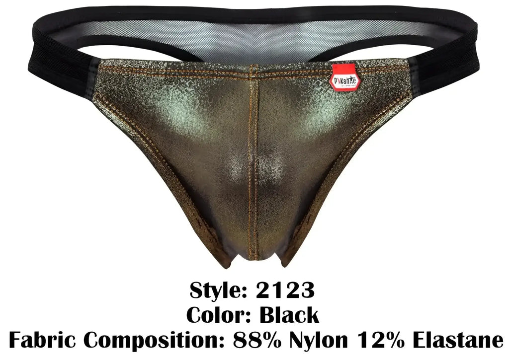Front view of Pikante PIK 2123 Gold Cup thong in black, showcasing the metallic fabric and branded waistband.