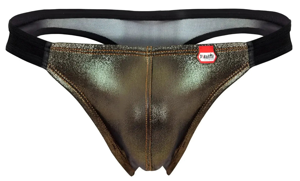 Front view of Pikante PIK 2123 Gold Cup thong in black, featuring a metallic finish and mesh waistband.