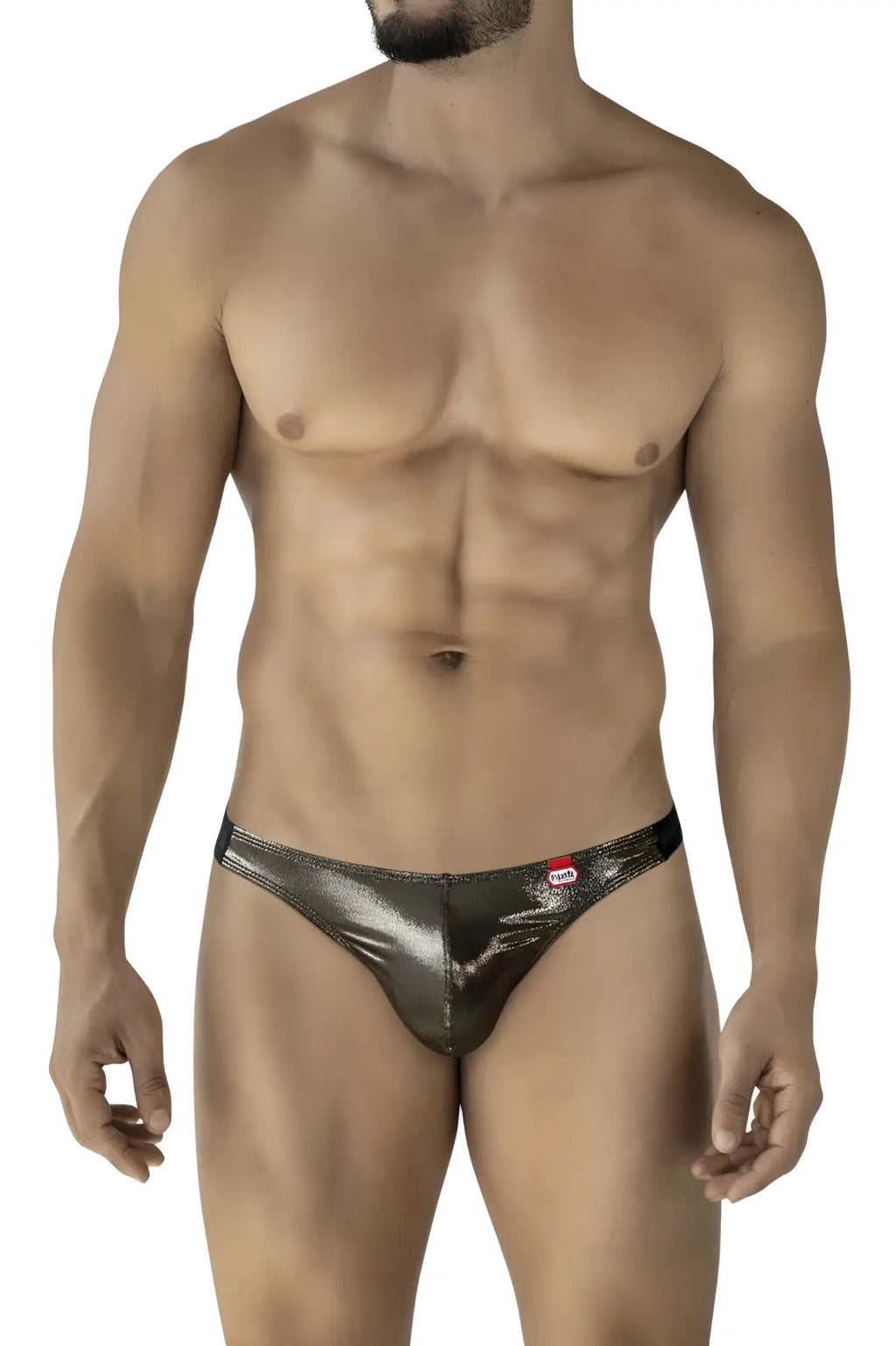 Shiny metallic silver thong with sleek form-fitting design and small red pikante brand tag on the waistband