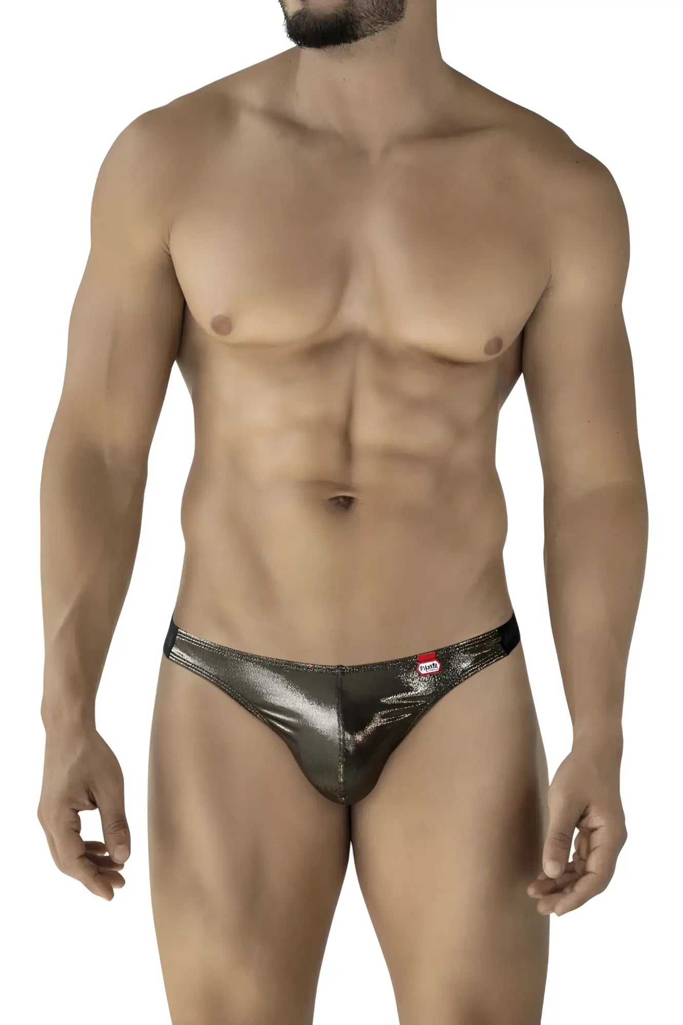 Shiny metallic silver thong with sleek form-fitting design and small red pikante brand tag on the waistband