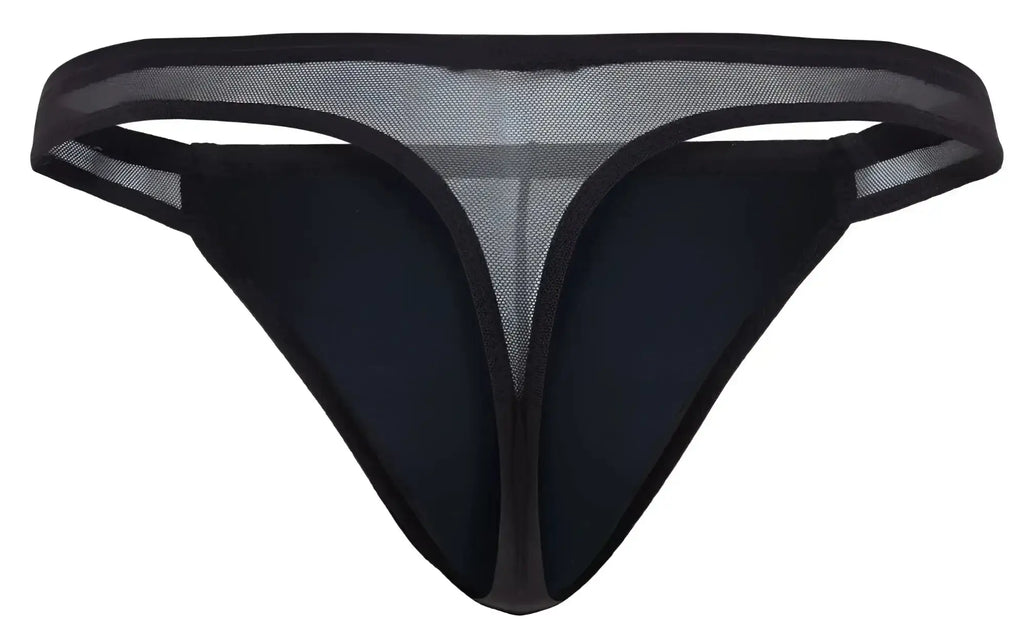 Front view of the black Pikante PIK 2123 Gold Cup thong made with sheer mesh fabric.