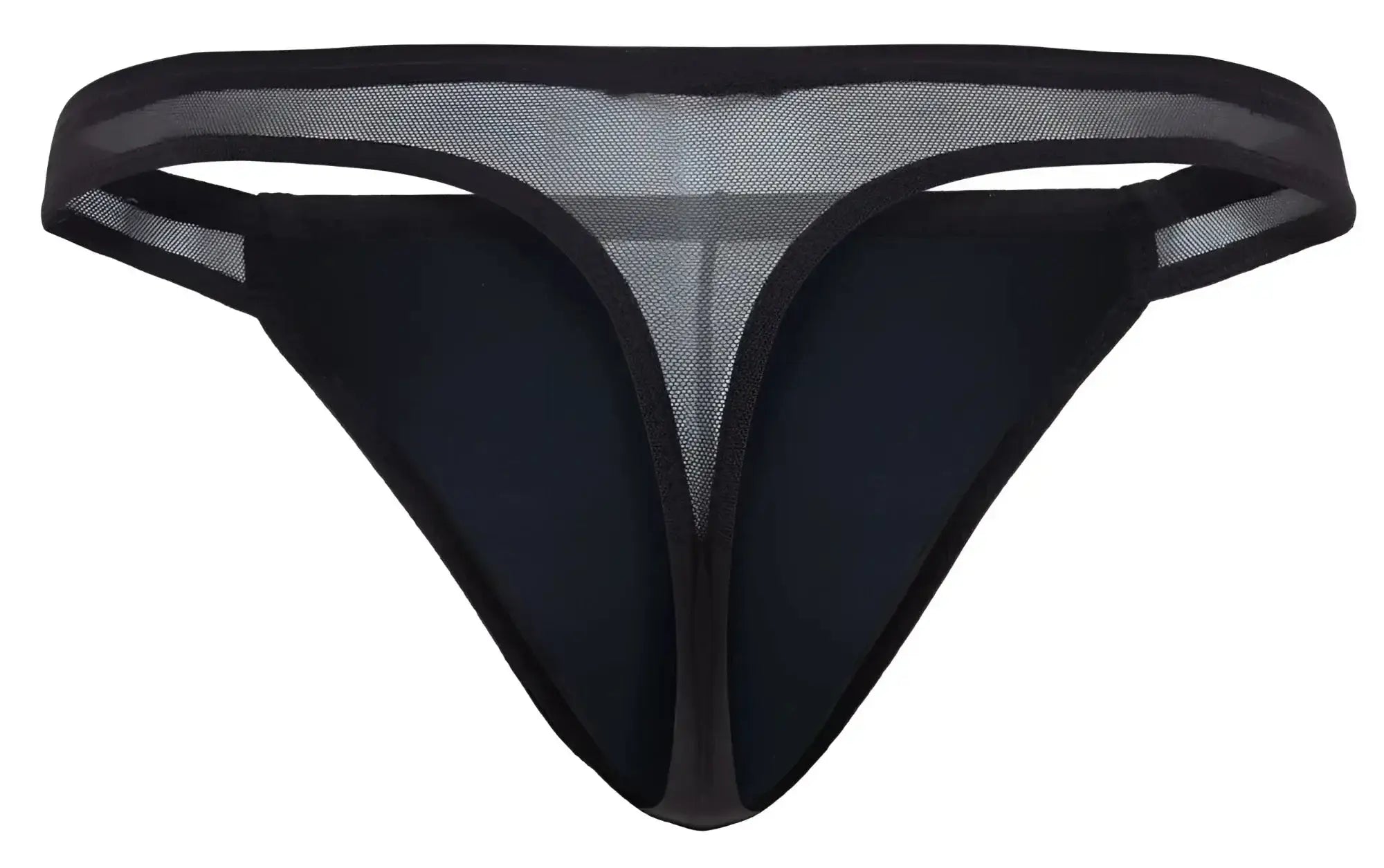 Front view of the black Pikante PIK 2123 Gold Cup thong made with sheer mesh fabric.