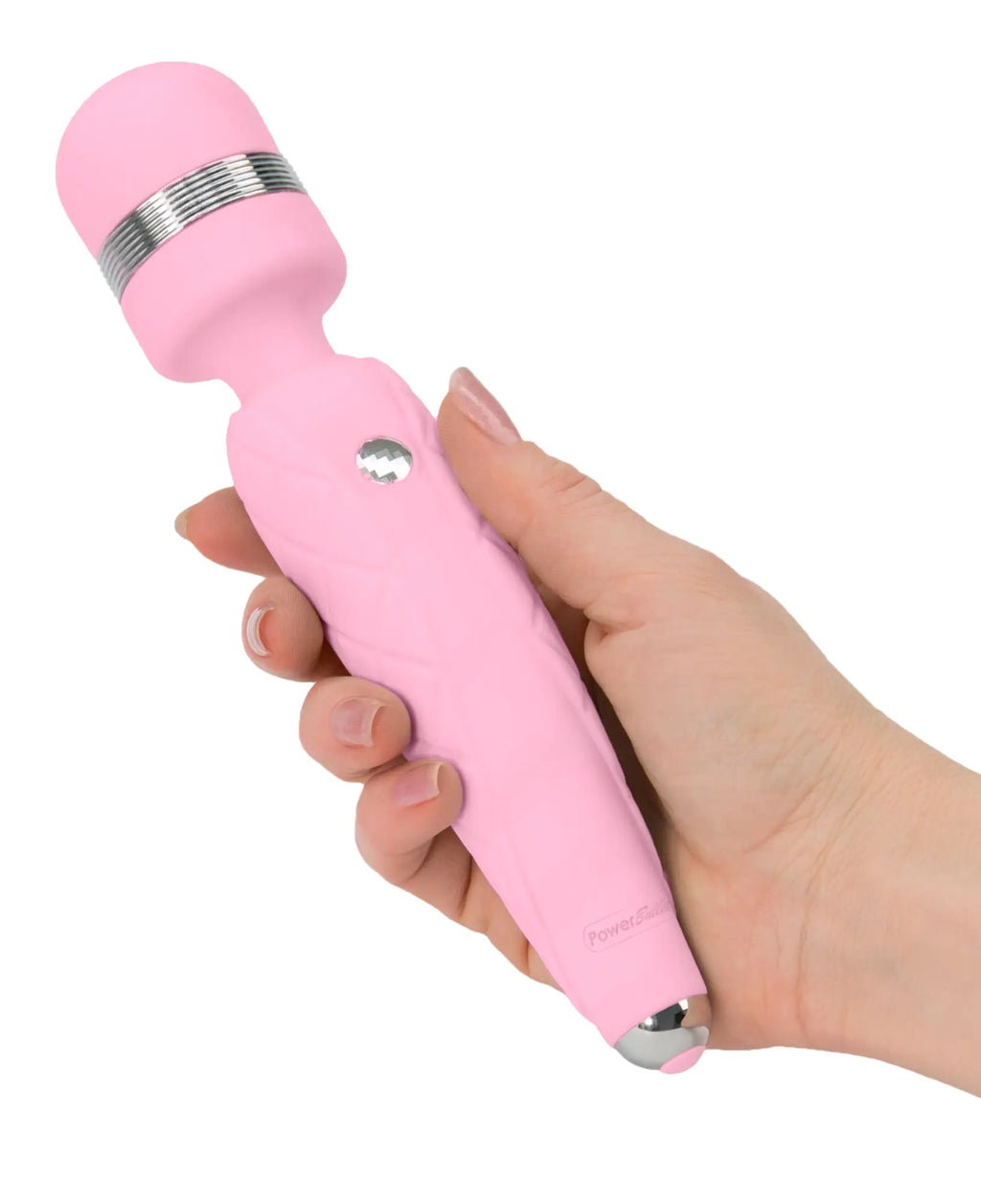 Pink powerglide wand with silver metallic band and rounded head from pillow talk cheeky pink collection