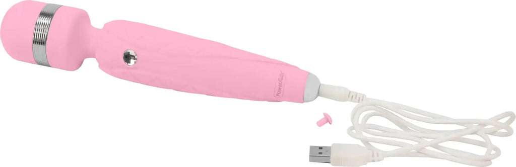 Pink silicone wand with silver metallic band and usb charging cable from pillow talk cheeky pink product line