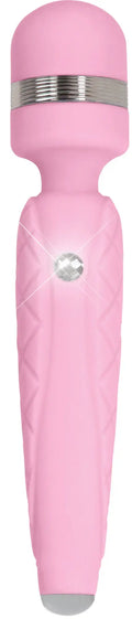 Pillow talk cheeky pink silicone wand with silver metallic band and diamond-like embellishment for personal use