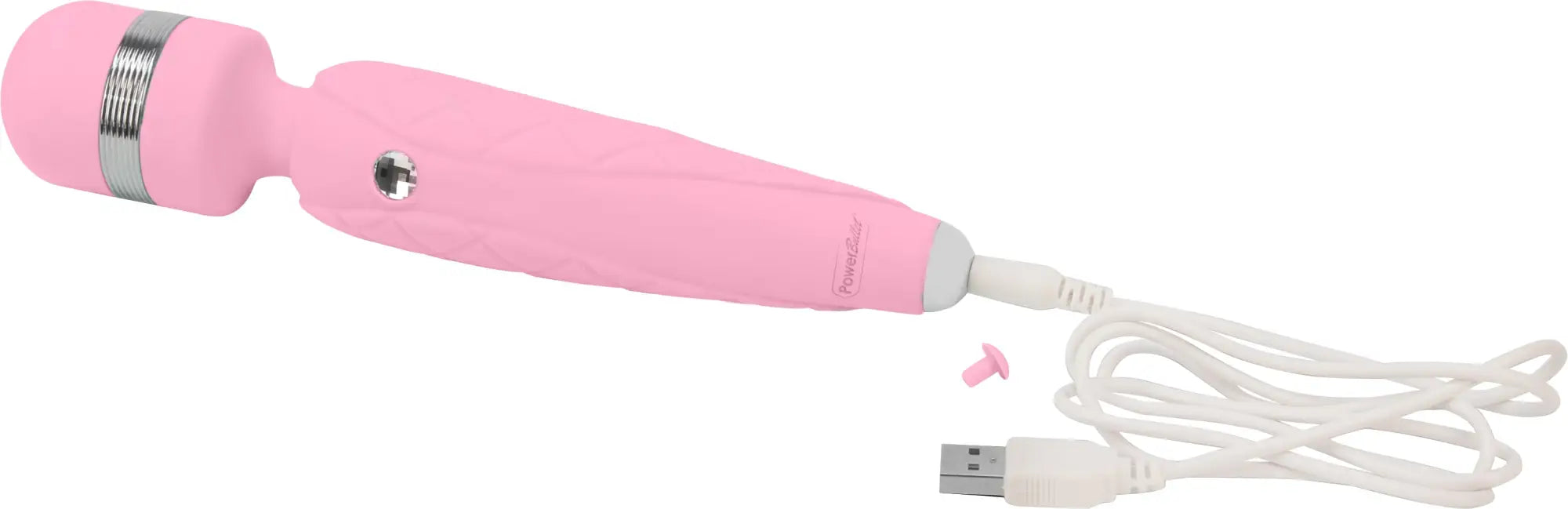 Pink silicone wand with silver metallic band and usb charging cable from pillow talk cheeky pink product line