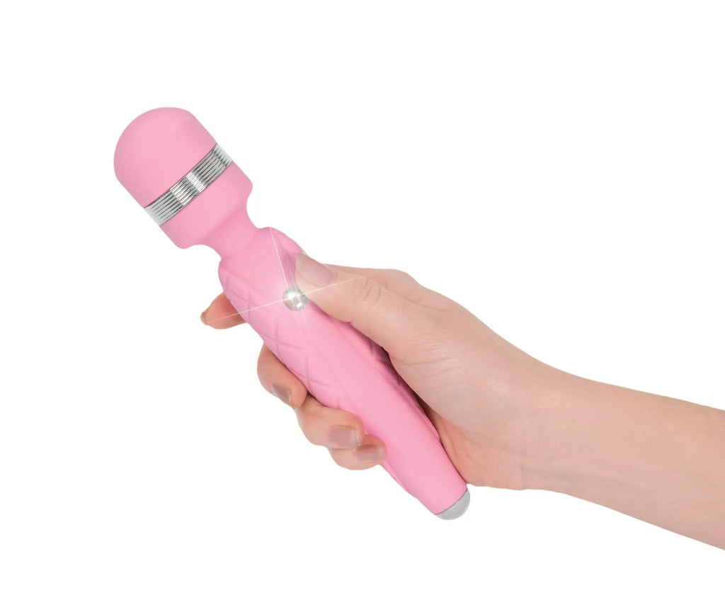 Pink silicone-wrapped wand-style vibrator with silver metallic band and rounded head pillow talk cheeky pink